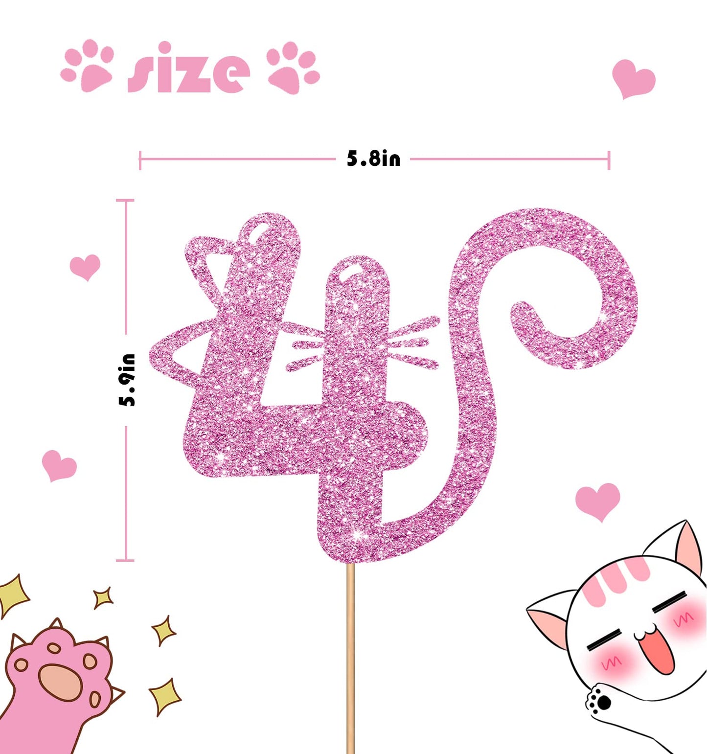 MINUET MINUTE Cat Four Cake Topper, Pink Glitter, Happy 4th Birthday Decoration for Baby Girl