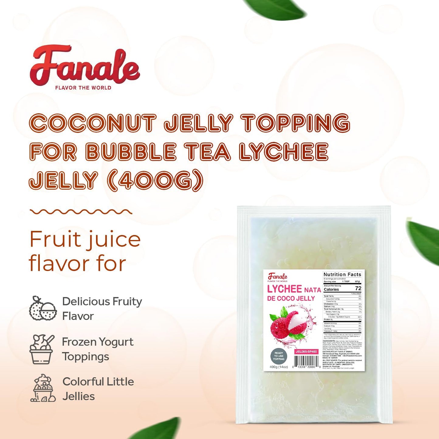 Fanale Coconut Jelly Topping nata de coco for Bubble Tea 400 g | Lychee Jelly | for Boba Tea  Smoothies  Slushes  Desserts 400g