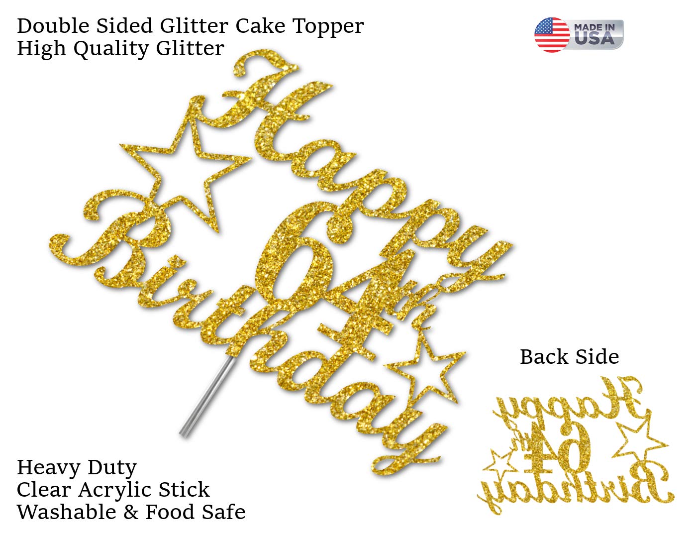 64 Birthday Cake Topper Gold Glitter, Party Decoration Ideas, Premium Quality, Sturdy Doubled Sided Glitter, Acrylic Stick. Made