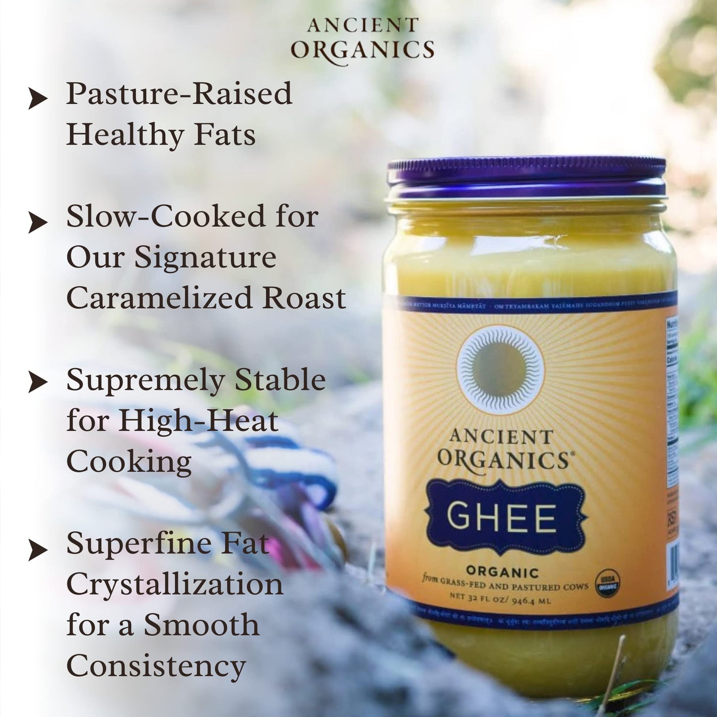 Ancient Organics Ghee, Organic Grass Fed Ghee Butter - Gluten Free Ghee, Clarified Butter, Vitamins & Omegas, Lactose Reduced, 1
