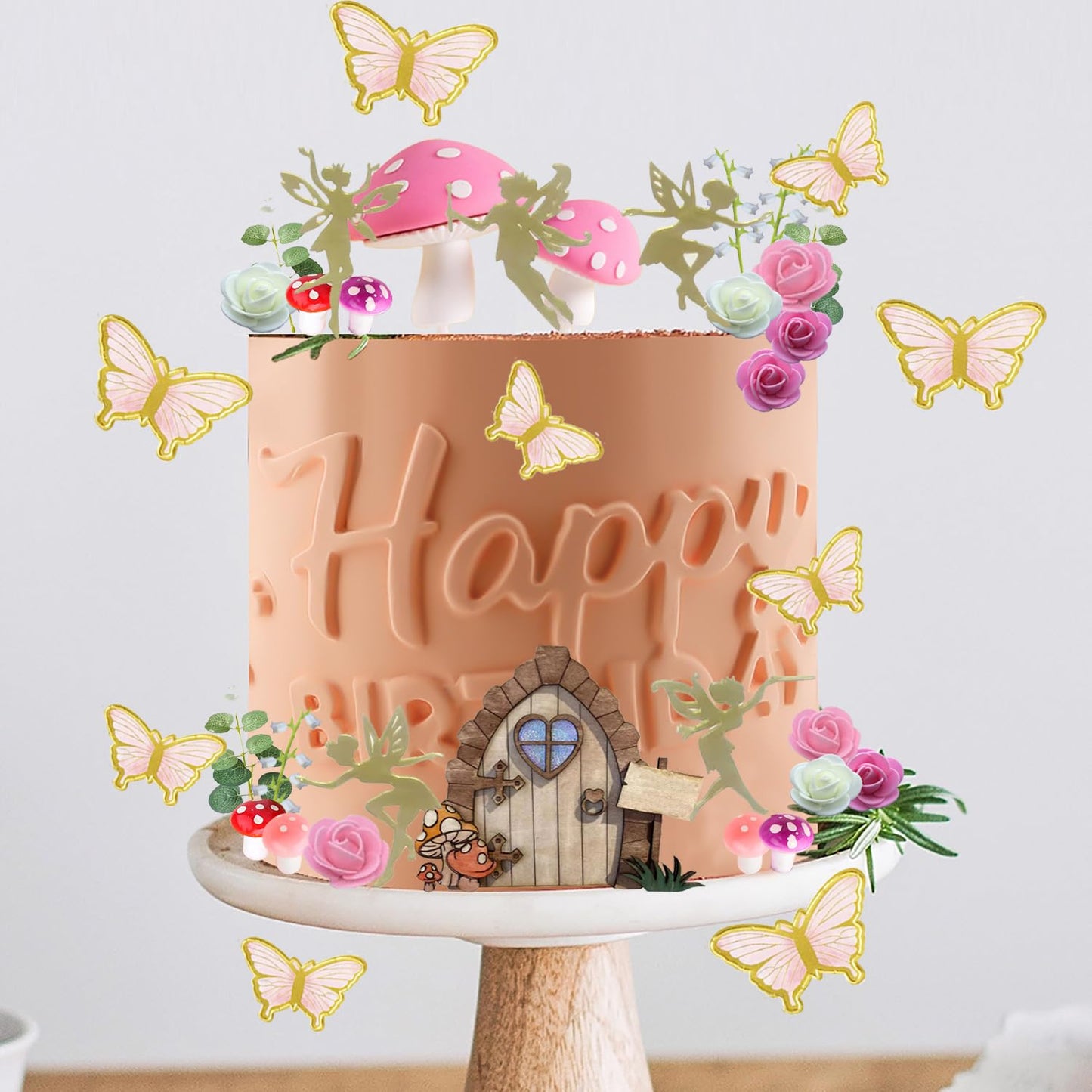 Lxasiy 39Pcs Fairy Cake Toppers Fairy Cake Decoration Pink Mushroom Door Butterfly Flowers Cake Decoration Fairy Garden Topper F
