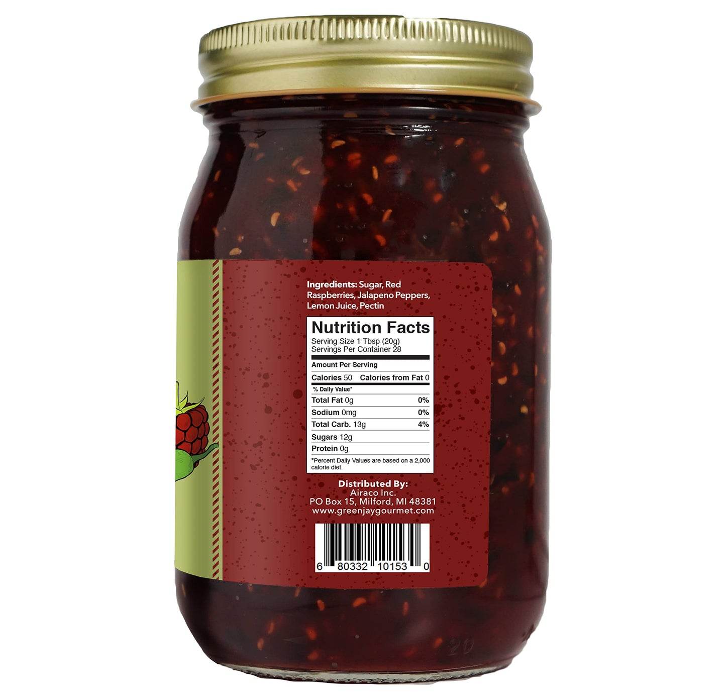 Green Jay Gourmet Raspberry Jalapeno Jam - All-Natural Raspberry Jam with Red Raspberries, Jalapeno Peppers & Lemon Juice - Vega