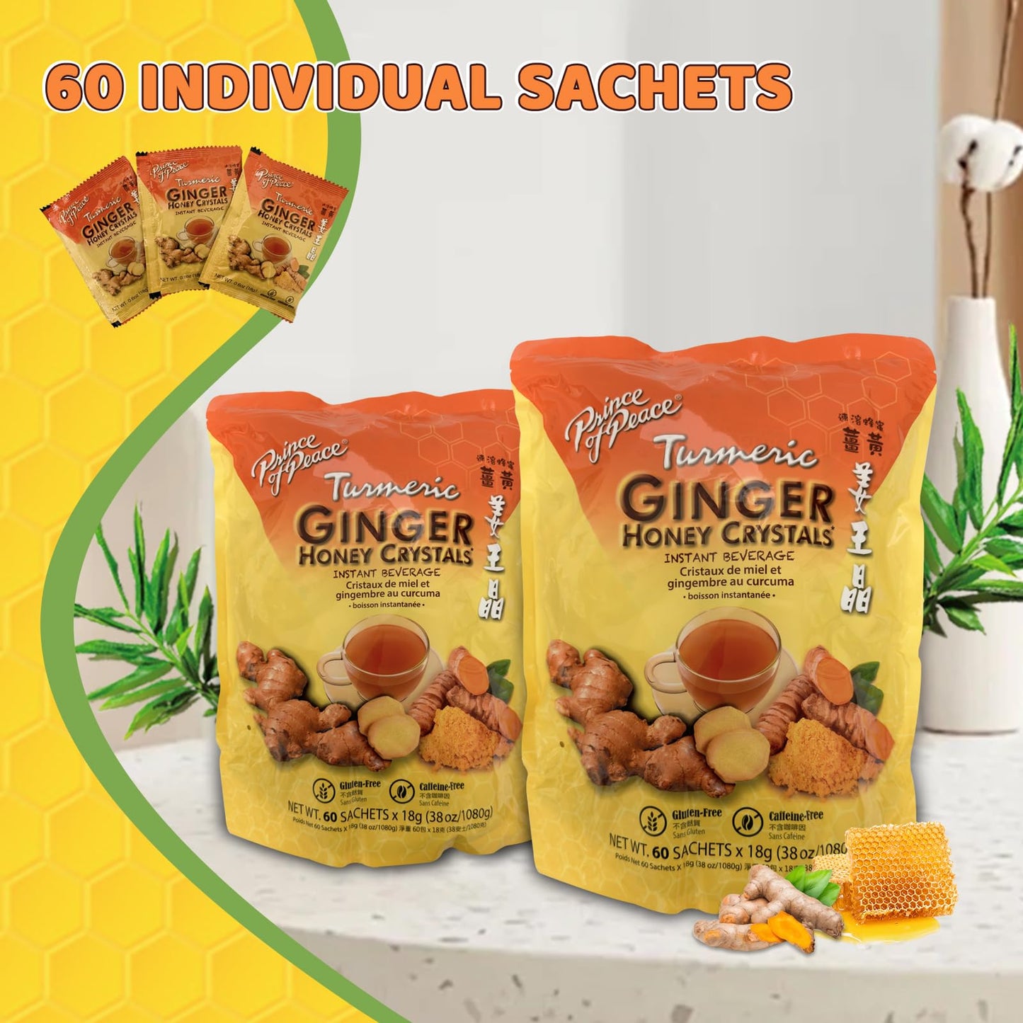 Prince Of Peace Instant Ginger Honey Crystals, Twin Packs - Instant Hot Or Cold Beverage That Soothes Throat - Easy To Brew - Dr
