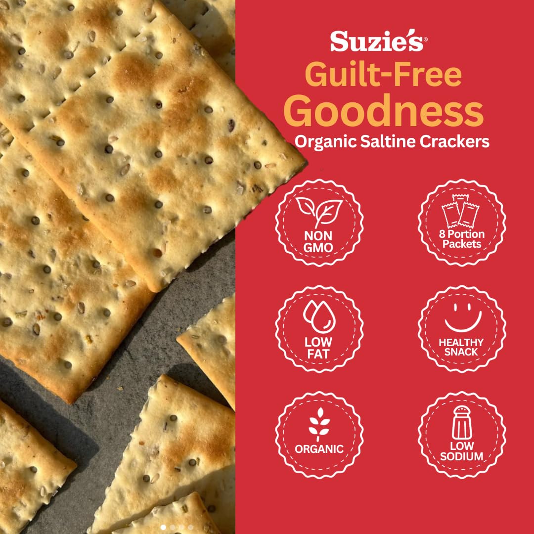 Suzie'S, Organic Saltines Crackers, Salted W/ Extra Virgin Olive Oil, Healthy Gourmet Baked Snack Goodies For Adults & Children