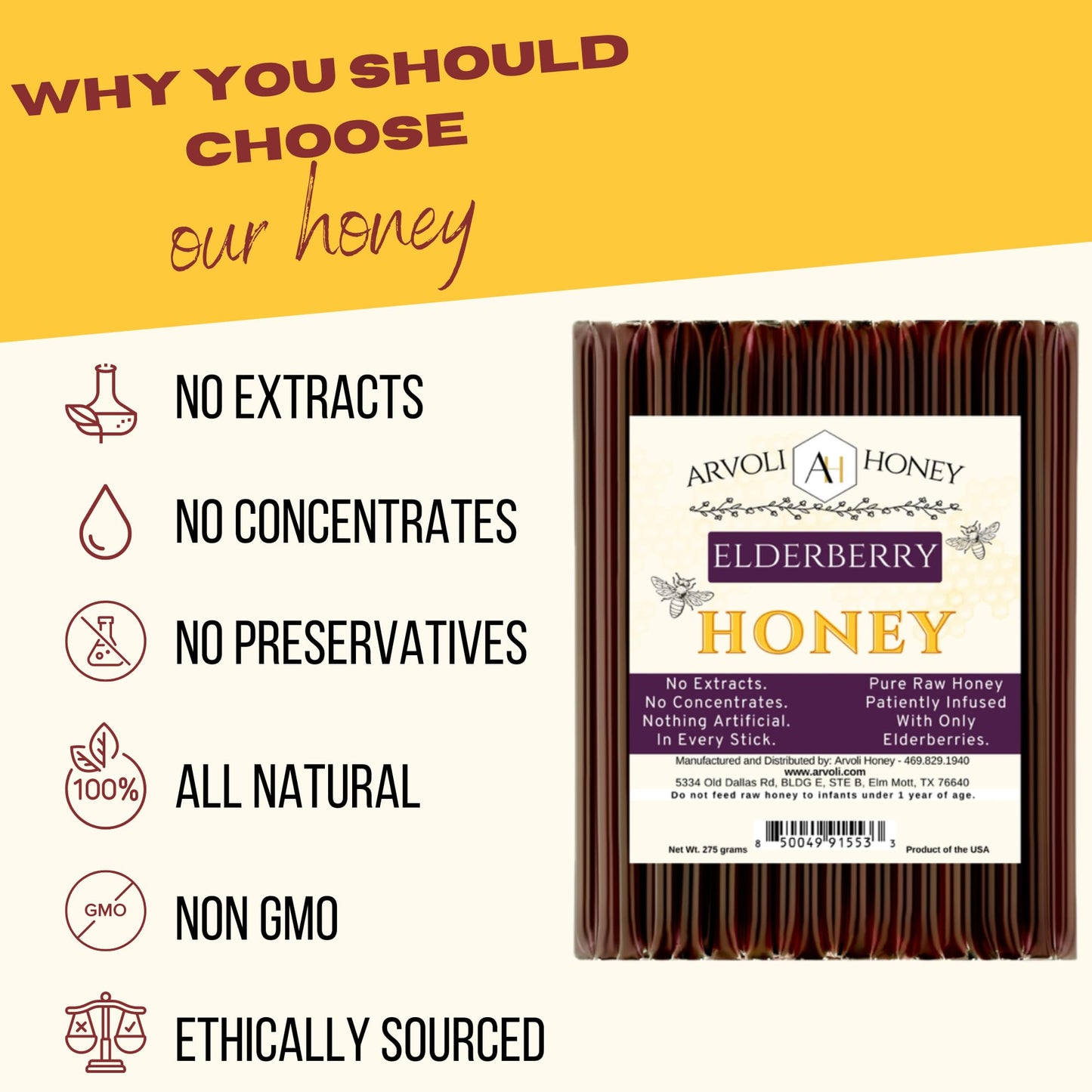 Arvoli Elderberry Honey Straws - 50 Pack - All-Natural Flavor Infusion - Non-Artificial, No Preservatives