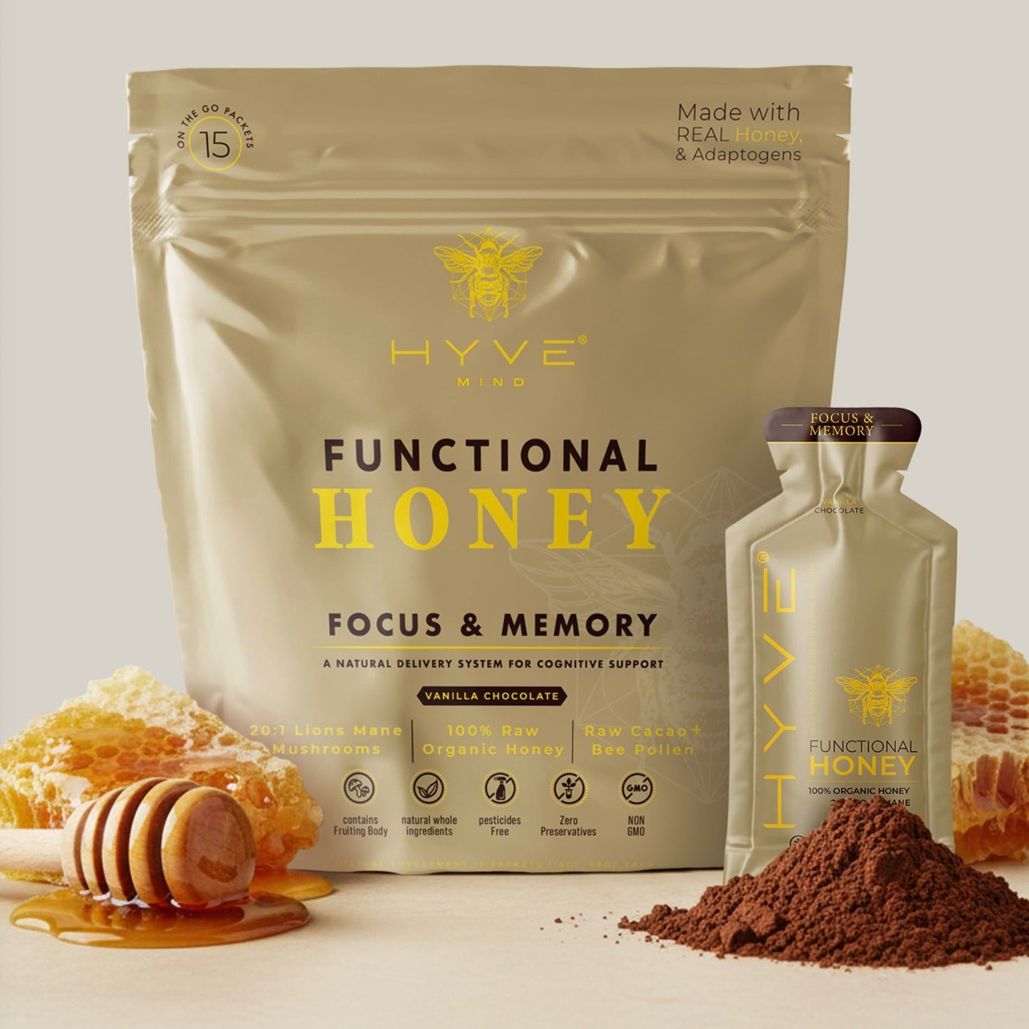 HYVE Mind Functional Honey - Focus & Memory Organic Honey with Lions Mane Mushrooms, Raw Cacao, Bee Pollen & L-Theanine - Cogni