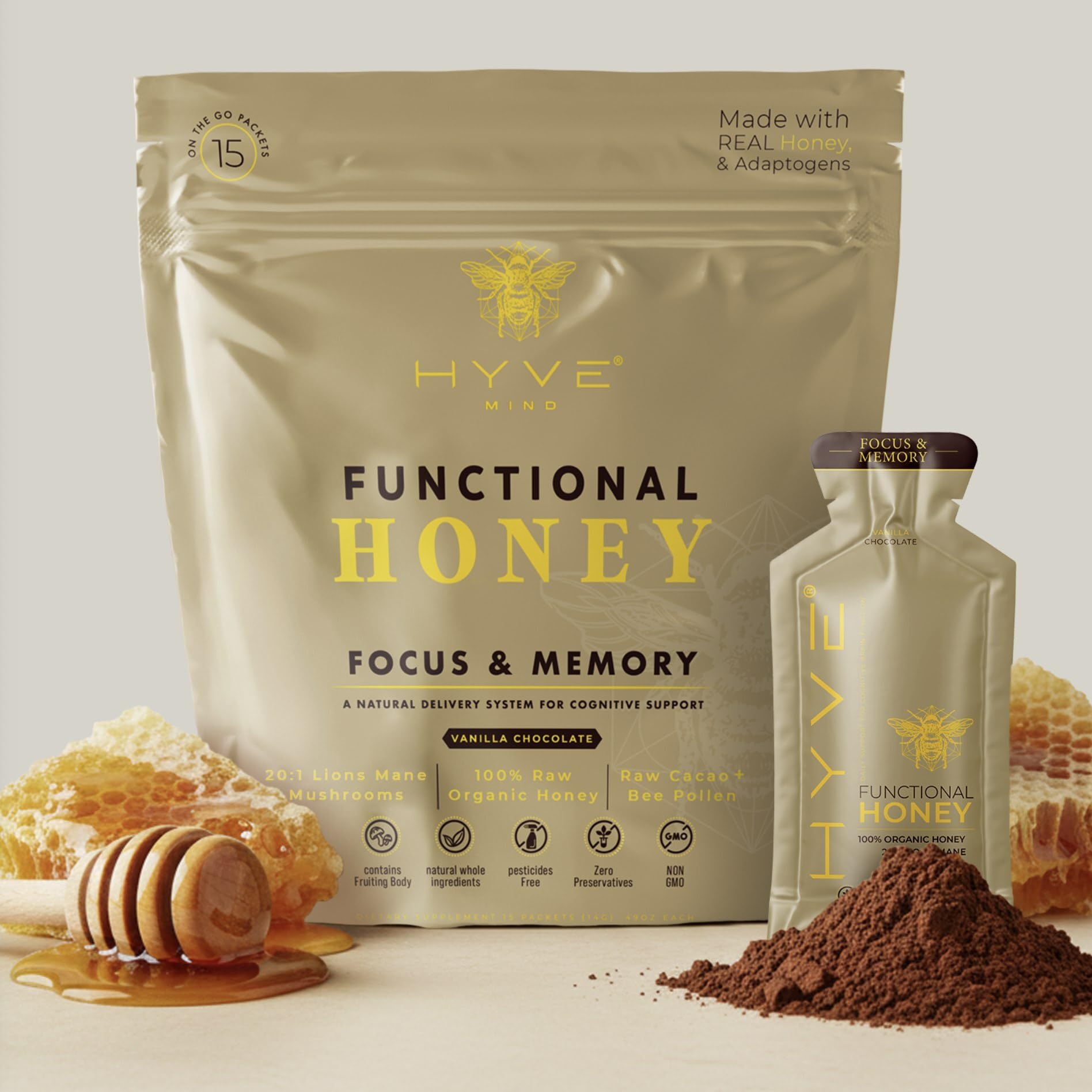 HYVE Mind Functional Honey - Focus & Memory Organic Honey with Lions Mane Mushrooms, Raw Cacao, Bee Pollen & L-Theanine - Cogni