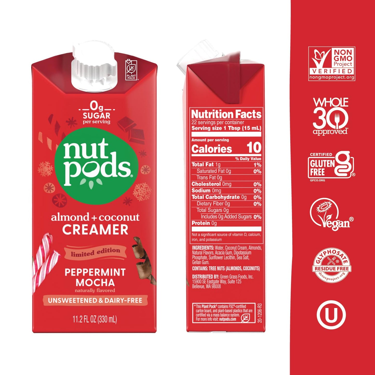 nutpods Peppermint Mocha  (3-Pack)  Unsweetened Dairy-Free Creamer  Made from Almonds and Coconuts  Whole30  Gluten Free  Non-GMO  Vegan  Kosher