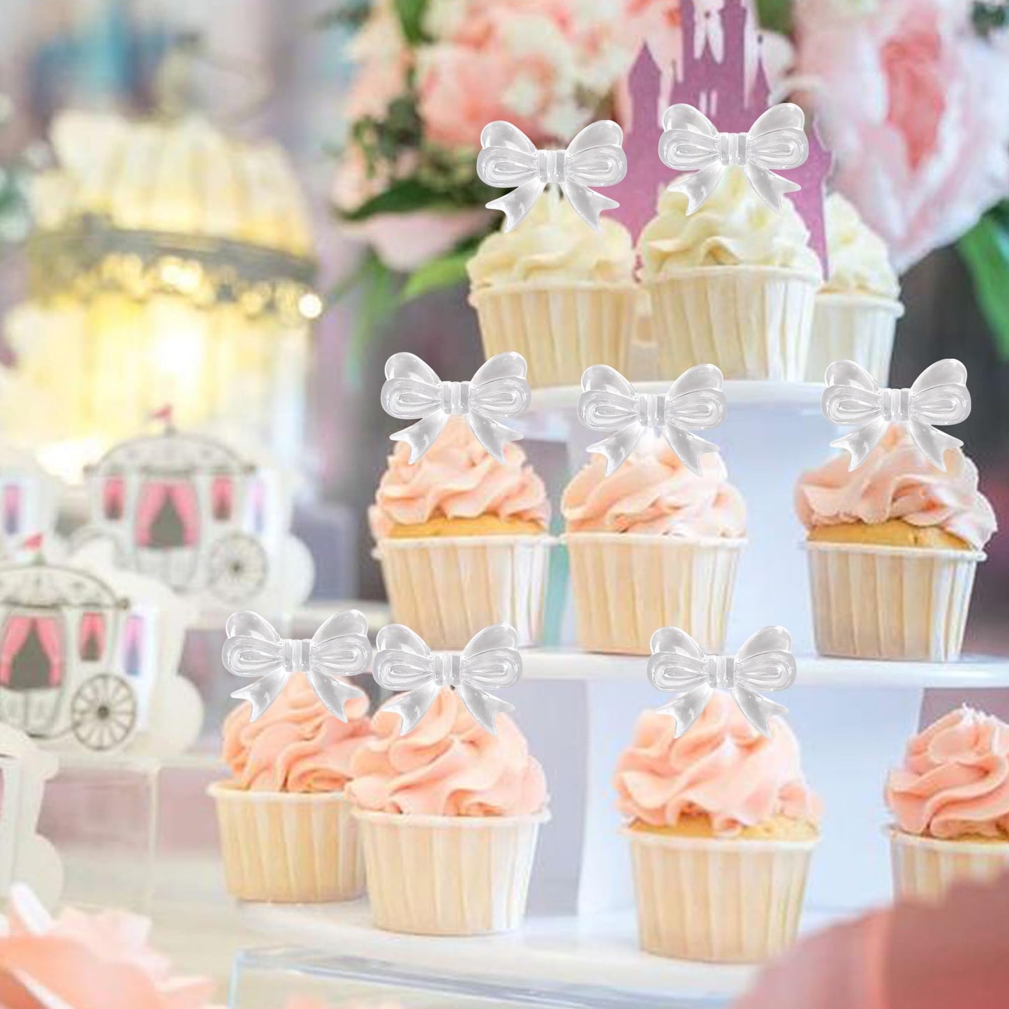 YCTHUNFISH 30 Pack Pink Bow Cupcake Toppers Paper Decorations for Bridal Shower & Birthday Party, White