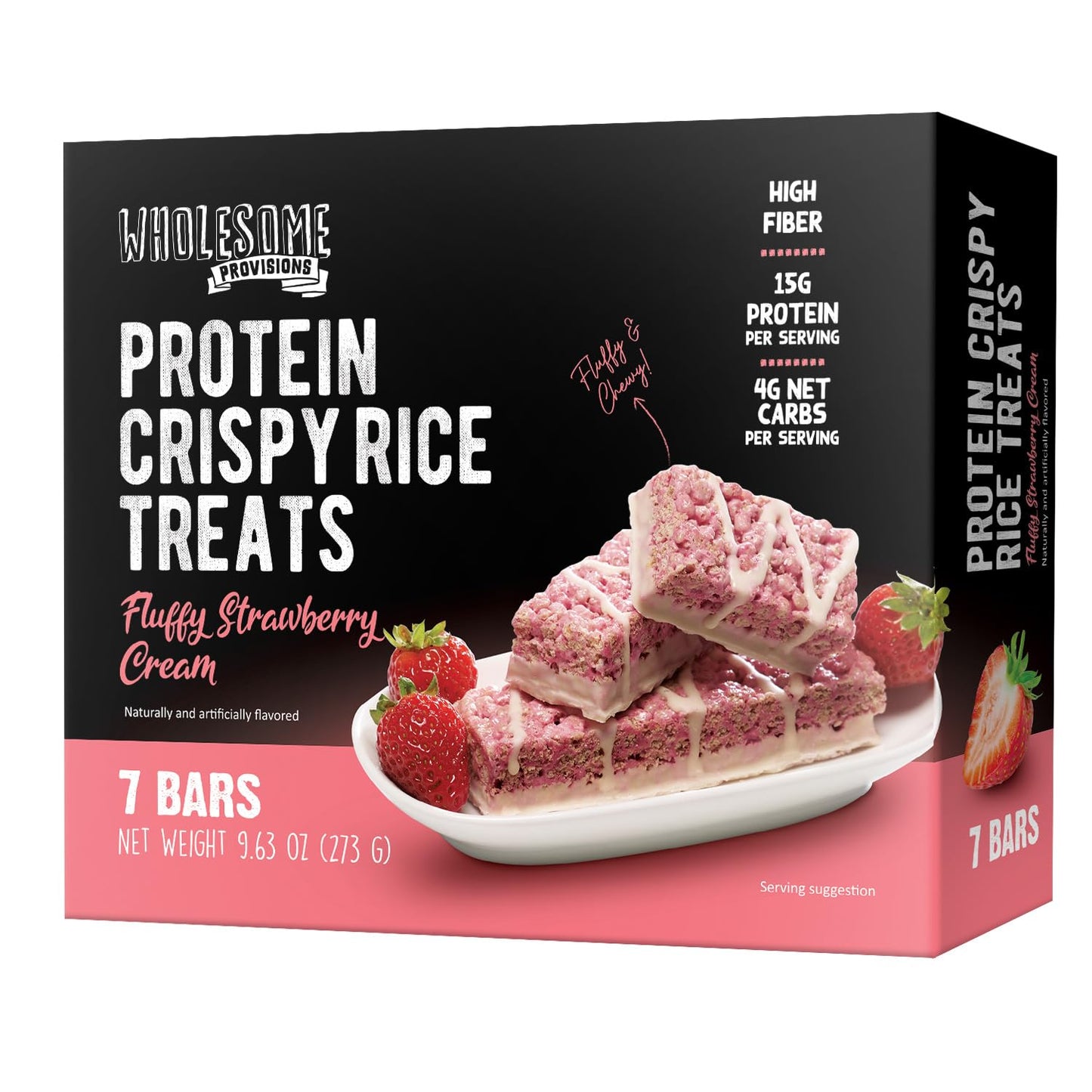 Wholesome Provisions Protein Crispy Rice Treats, 15g Protein, Low Carb, 1 Count, Fluffy Strawberry Cream