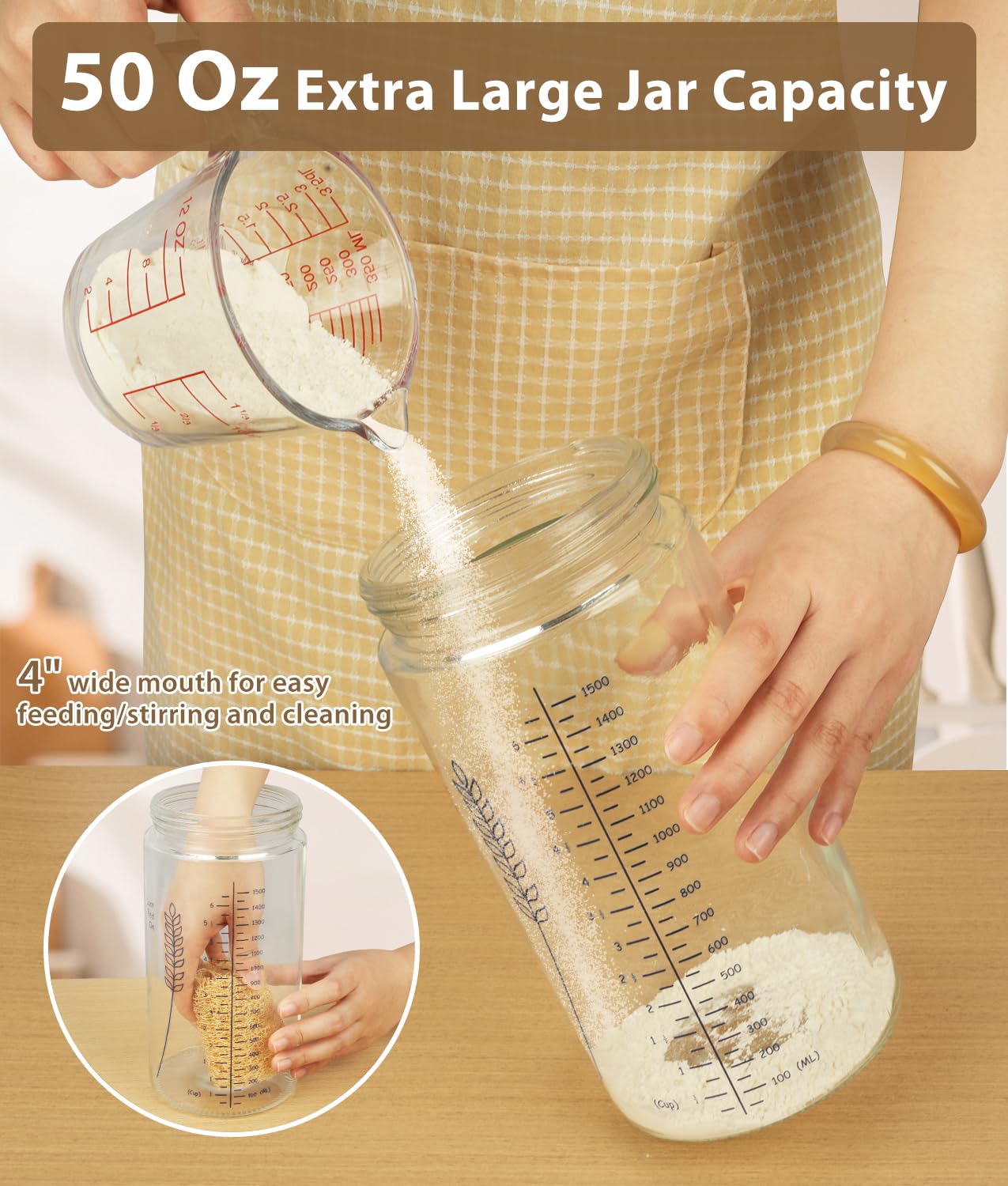 Keafont Sourdough Starter Jar Kit, 50oz Large Capacity, Wide Mouth, 2 Pack, Black, Model WN-WYYY-CIT8