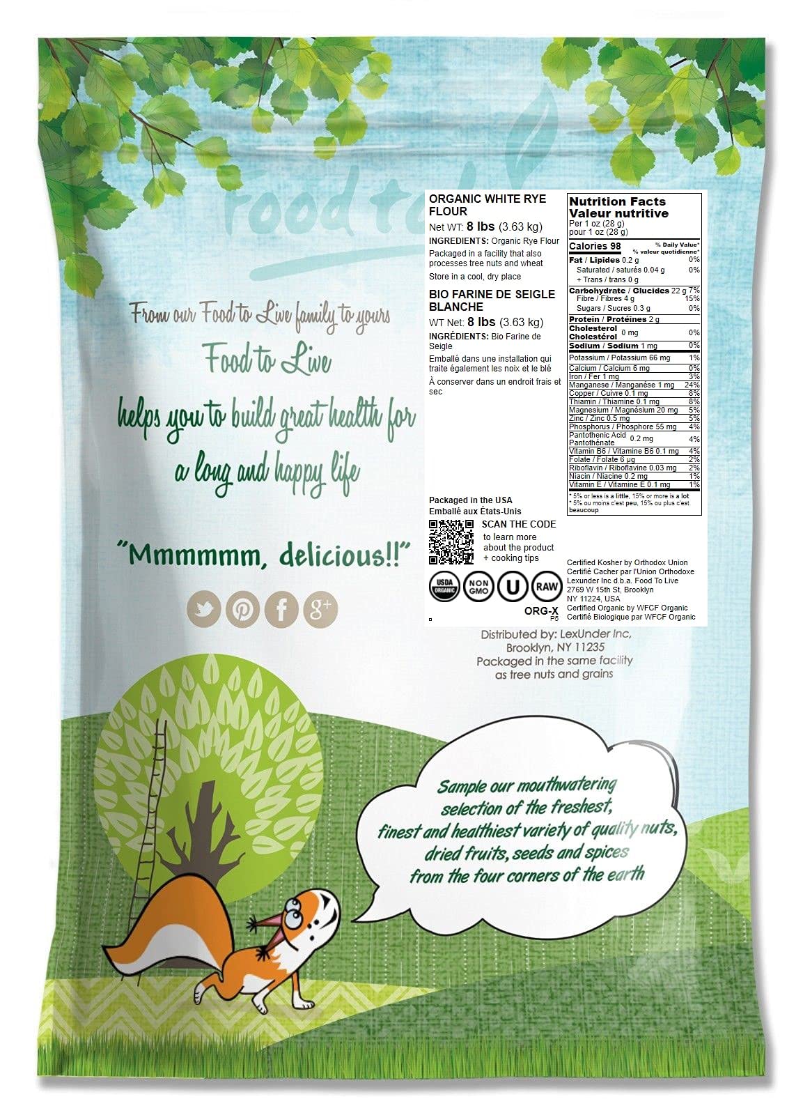 Food To Live Organic White Rye Flour, 8 Pounds - Non-Gmo, Unbleached, Light, Medium Protein, Vegan, Kosher, Finely Milled Berrie