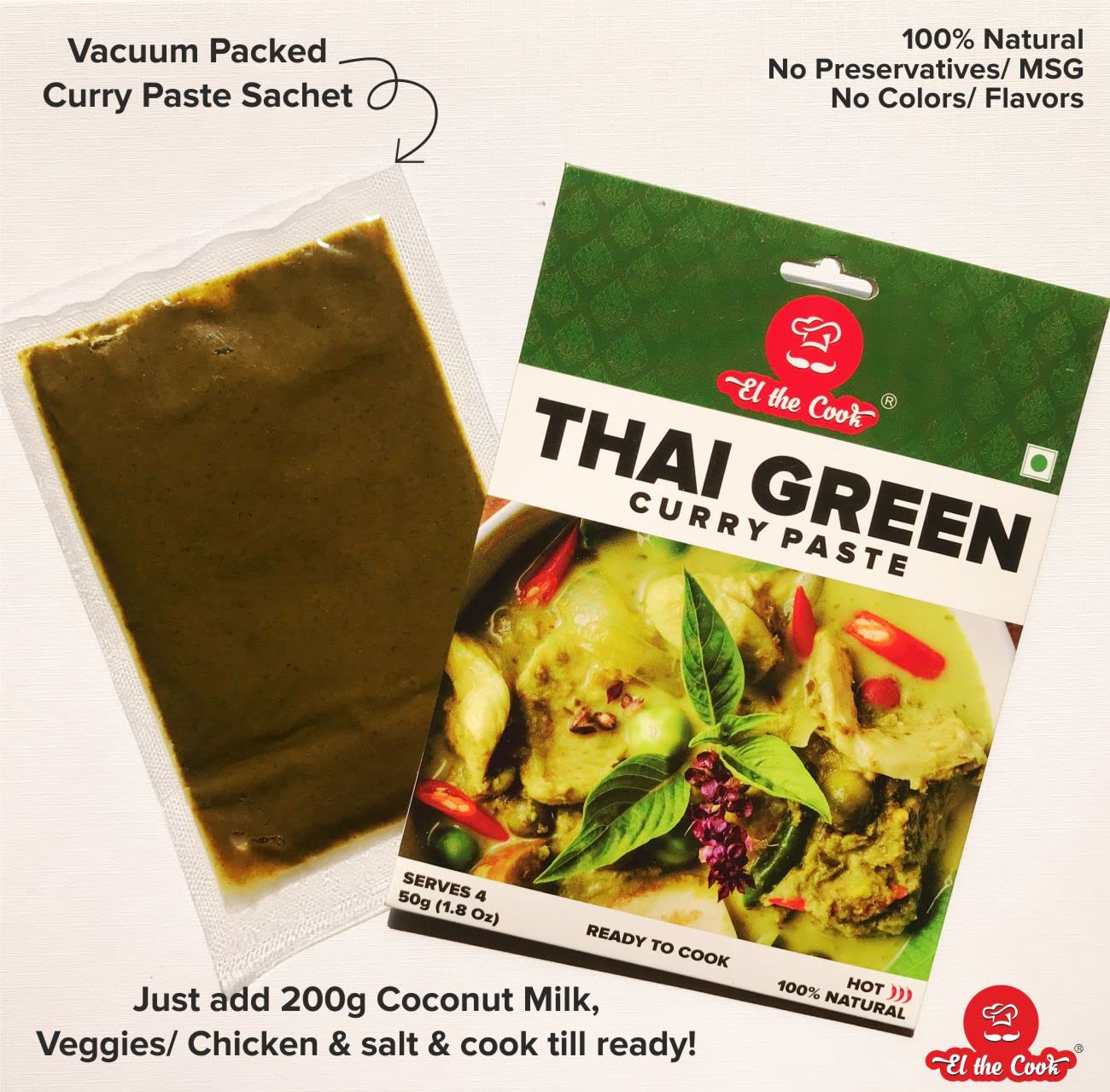 El The Cook Green Thai Curry Paste - Medium | 100% Veg & Natural | Make Restaurant Style Chicken, Fish, Prawn, Vegetable, Tofu T