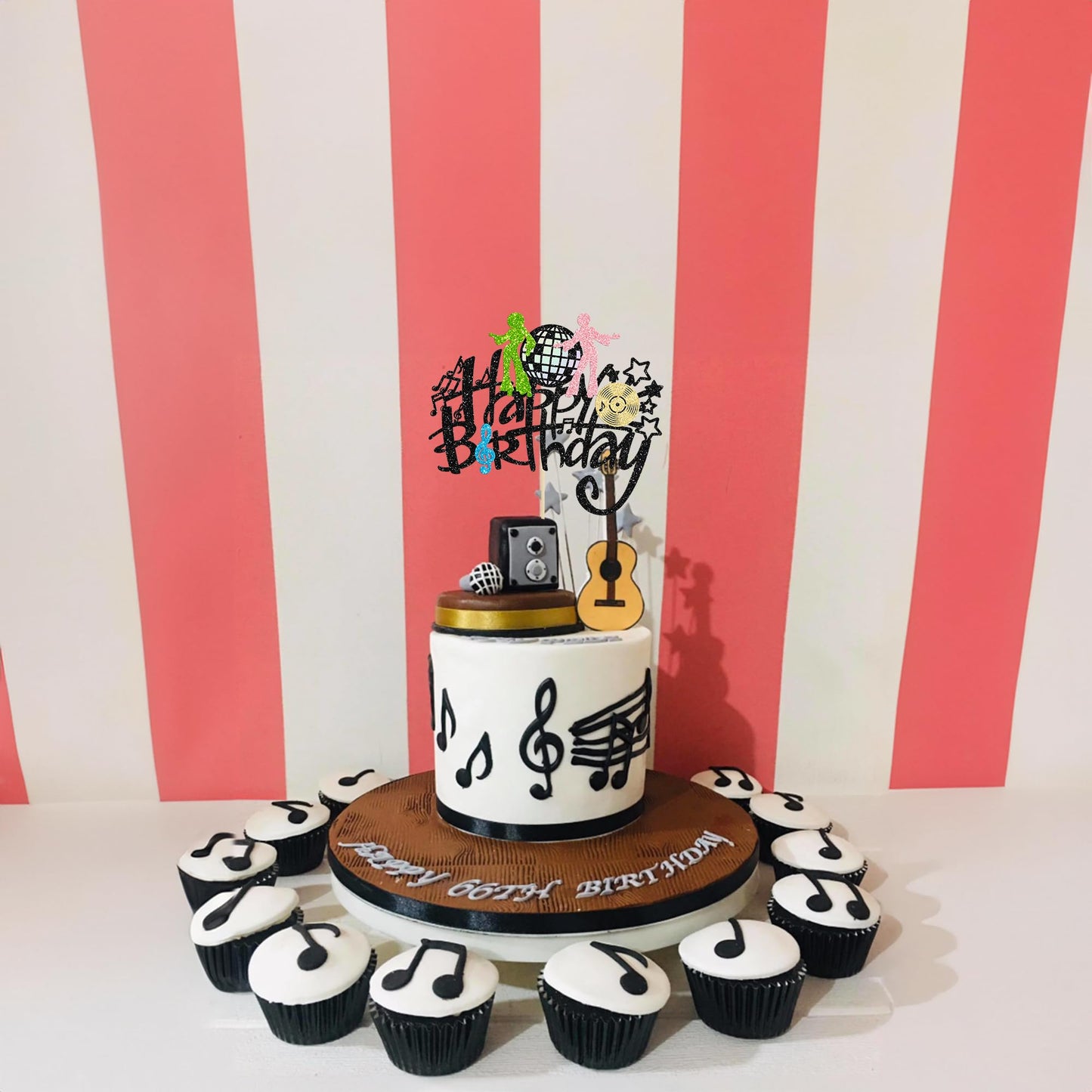 Gyufise 1Pcs Rock Happy Birthday Cake Topper Glitter Music Disco Ball Cake Pick 70'S Disco Dancing Rock Cake Decoration For Rock