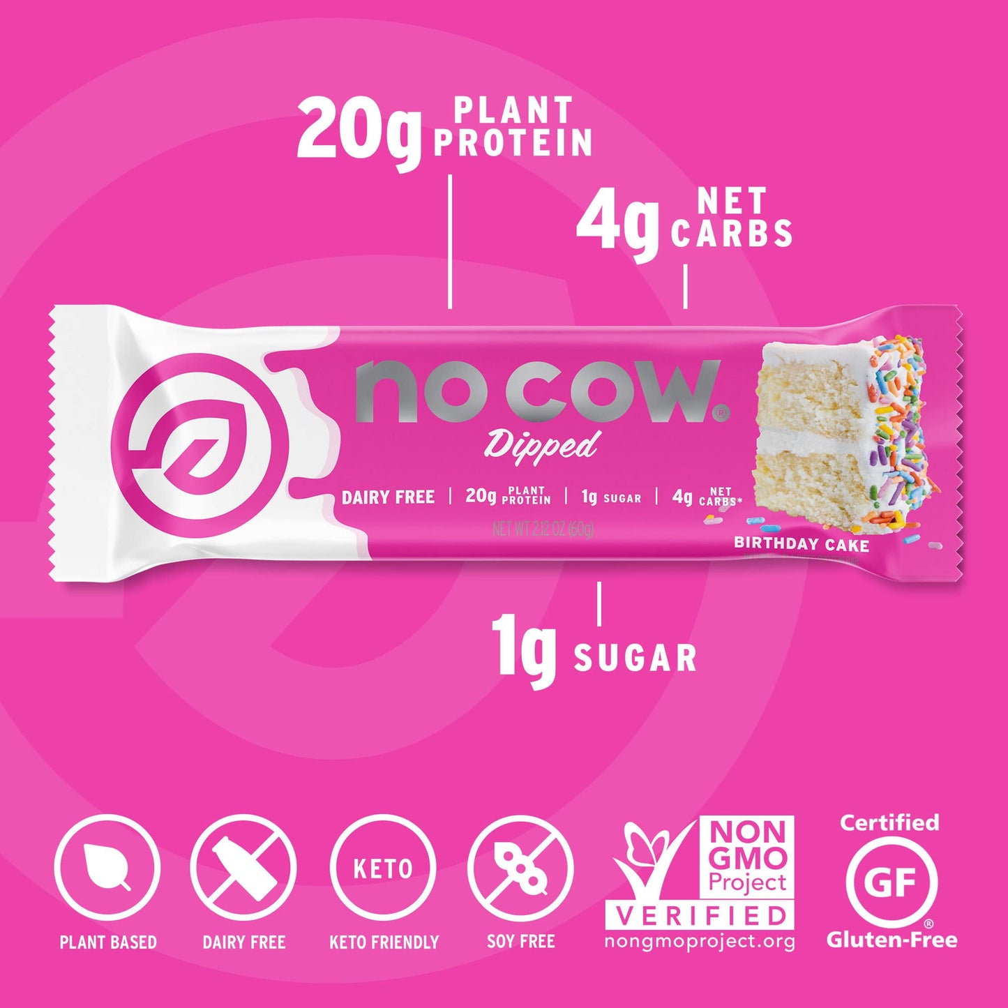 No Cow High Protein Bars, Dipped Birthday Cake - Healthy Snacks, 20G Vegan Protein, High Fiber, Low Sugar, Keto Friendly, Dairy