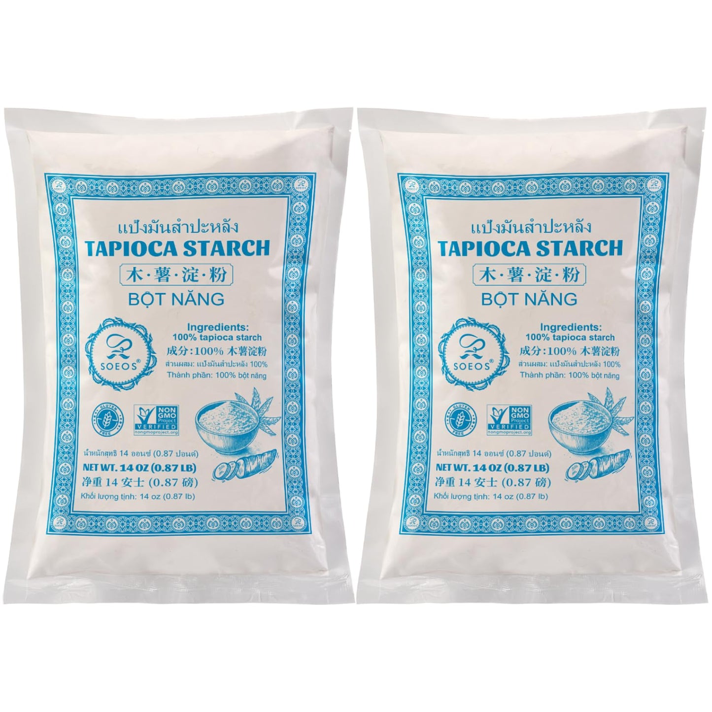 Soeos Tapioca Flour Starch, 14 Ounce (Pack of 2), All Natural Tapioca Starch for Baking, Cooking & Boba Pearls, Thickens and Enh