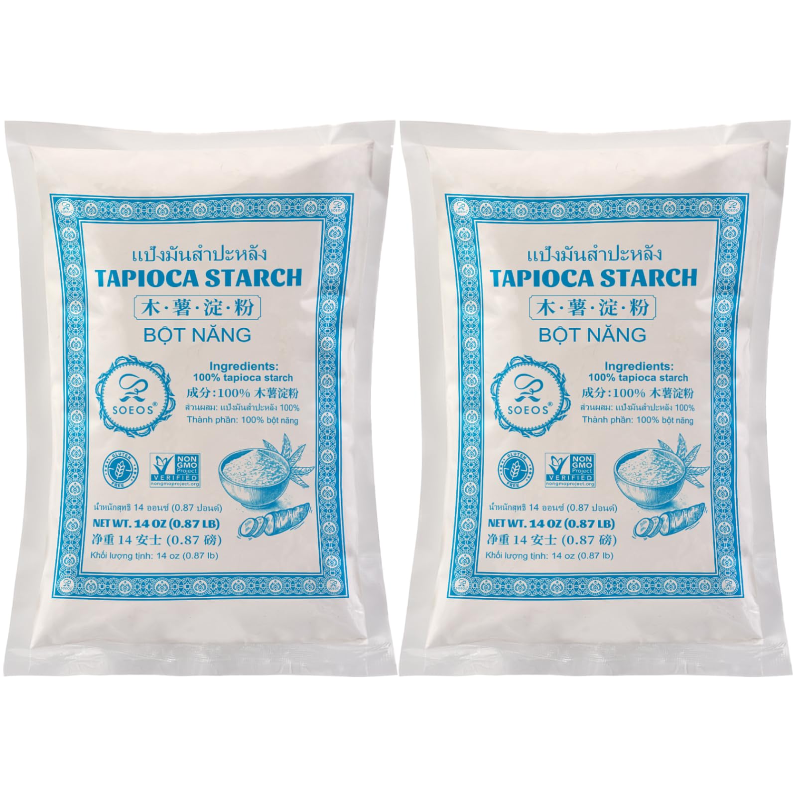 Soeos Tapioca Flour Starch, 14 Ounce (Pack of 2), All Natural Tapioca Starch for Baking, Cooking & Boba Pearls, Thickens and Enh
