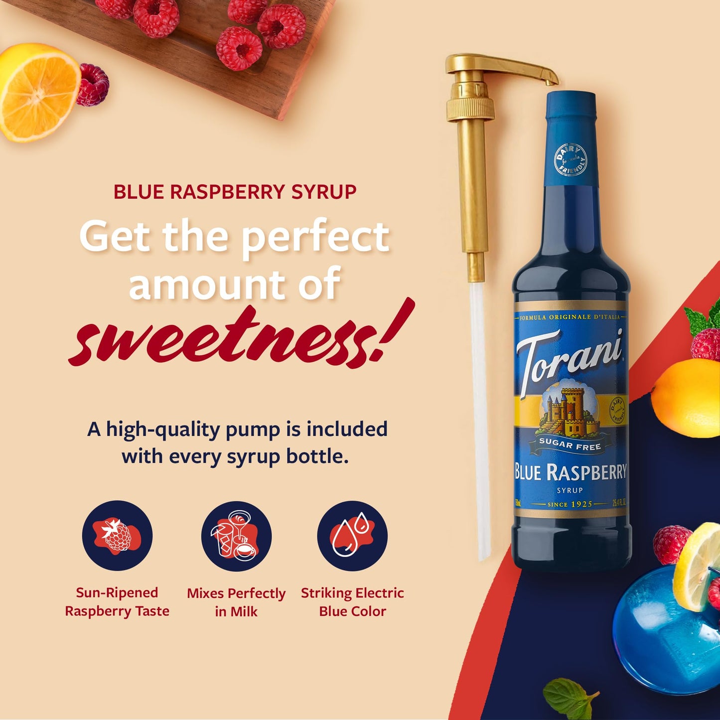 Torani Sugar Free Syrup, Blue Raspberry, Zero-Calorie Flavoring For Drinks, Pump Included, 25.4 Oz