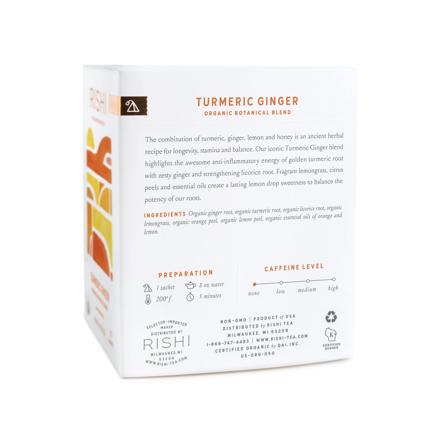 Rishi Tea Turmeric Ginger Herbal Tea - Caffeine-Free, 15 Sachets, Organic, Ayurvedic, Citrus Flavor