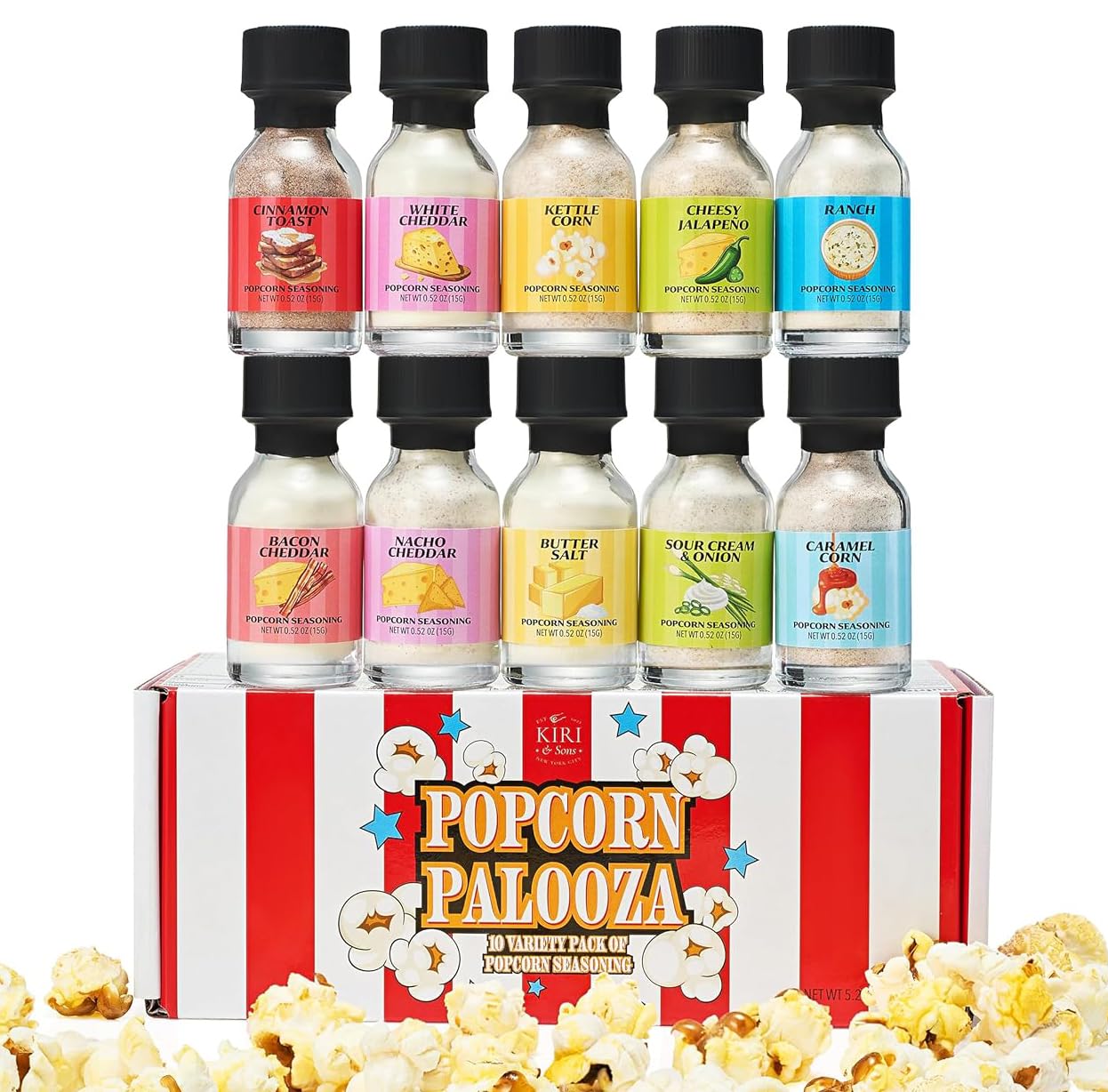Kiri & Sons Gourmet Popcorn Seasoning Sampler Kit, 10 Flavor Variety Pack - Including Kettle Corn, Garlic Parmesan, Bacon Chedda