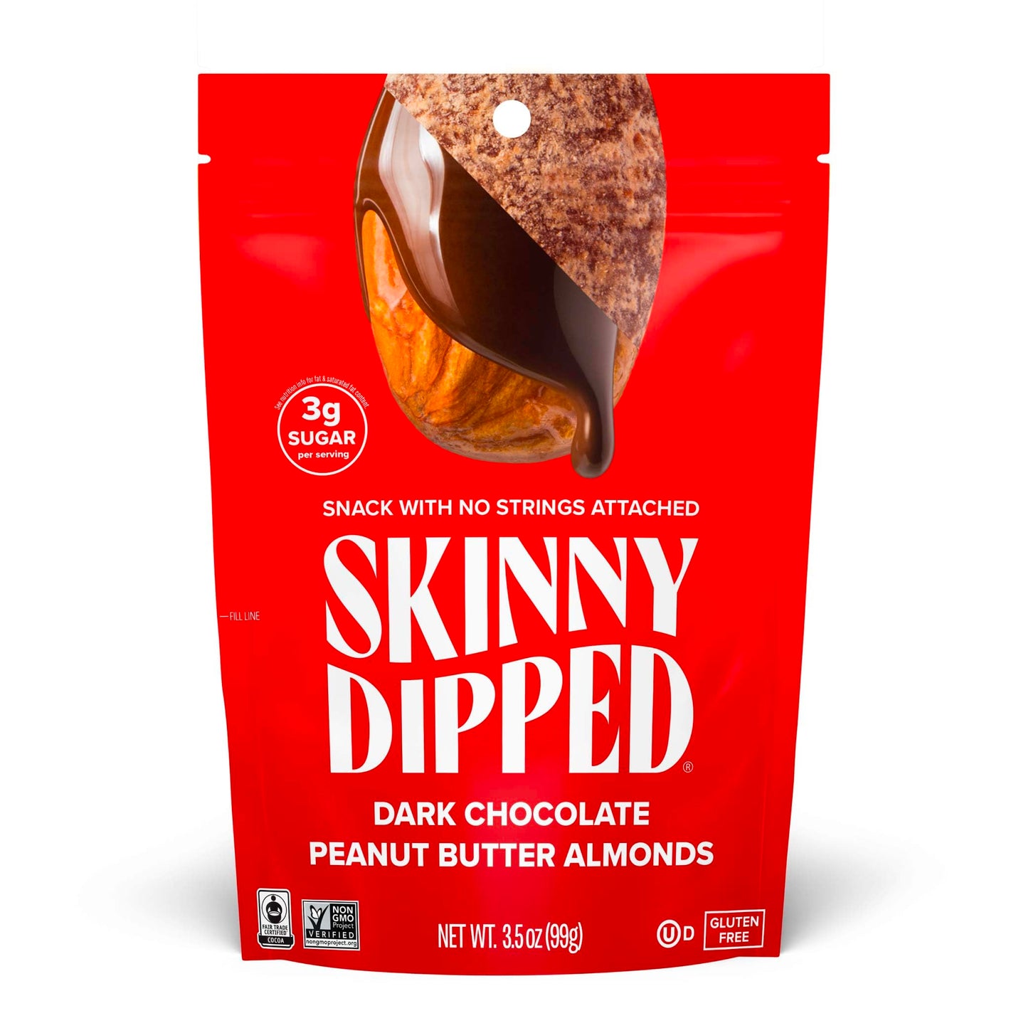 SkinnyDipped Dark Chocolate Peanut Butter Almonds, Healthy Snack, Plant Protein, Gluten Free, 3.5 oz Resealable Bags, (Pack of 5