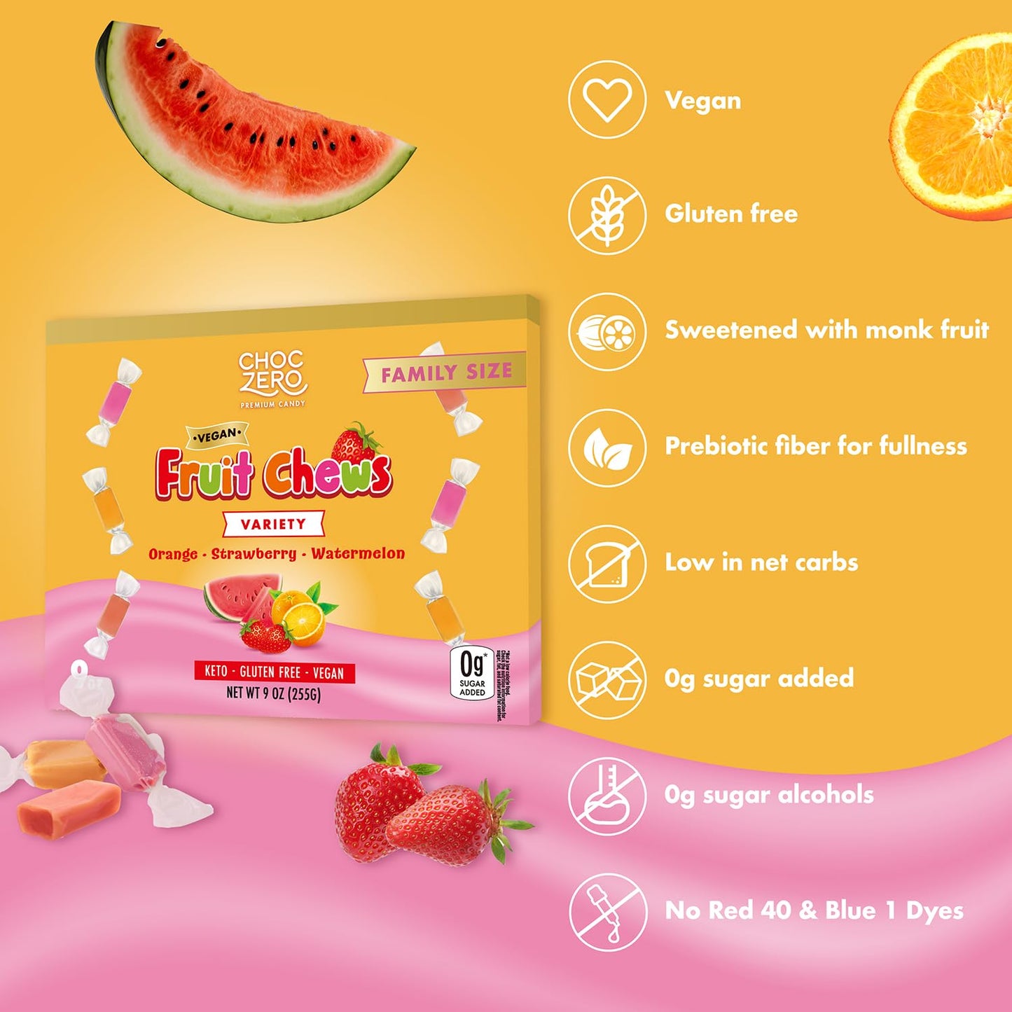 Choczero Fruit Chew Candy Variety Pack, Sugar Free, Vegan, Keto, All Natural, Orange Strawberry And Watermelon Fruit Chews, 9 Ou