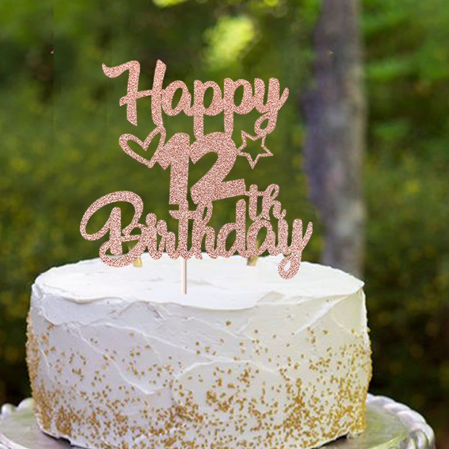 YCTHUNFISH Happy 12th Birthday Cake Topper Glitter Heart Star, Rose Gold, 5.4x9.2 inches, Cake Decorations for Children