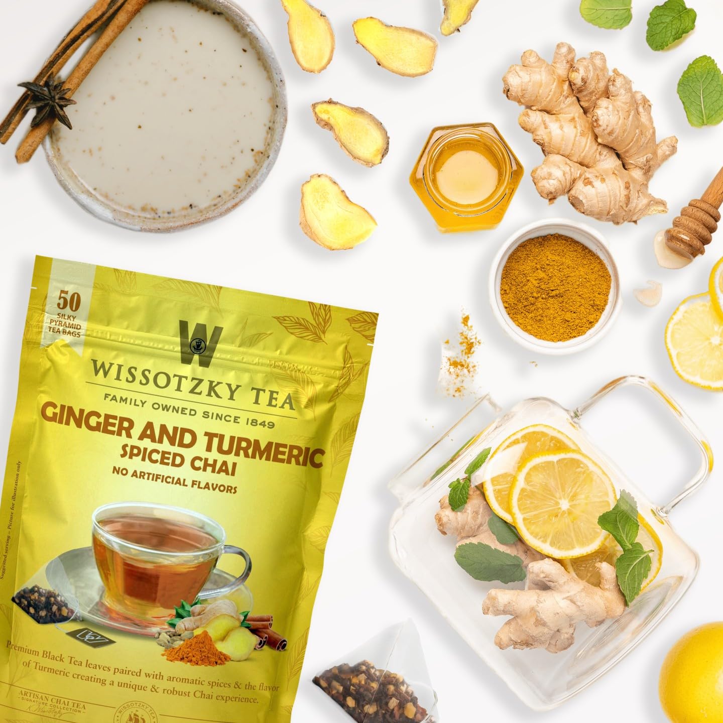 Wissotzky Tea Ginger Turmeric Spiced Chai Tea (50 Pyramid Tea Bags) | Whole Leaf Black Tea | No Artificial Flavors | Elegant Sil