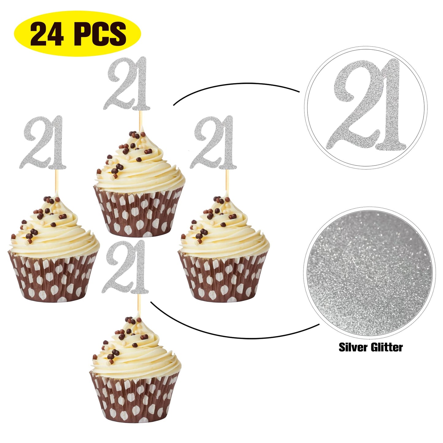 Sumerk 21 Cupcake Toppers, Silver Glitter, 24PCS, Paper, Small, 21st Birthday Anniversary Party Decorations