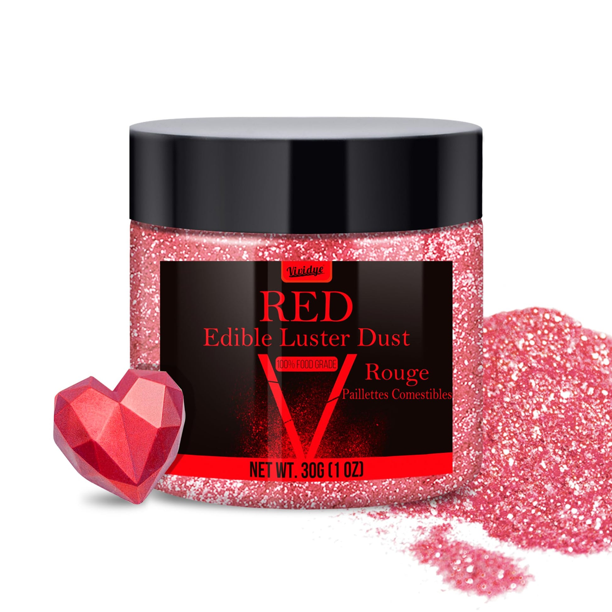 Vividye Edible Glitter Powder - 30g Luster Dust for Baking & Decoration - Red
