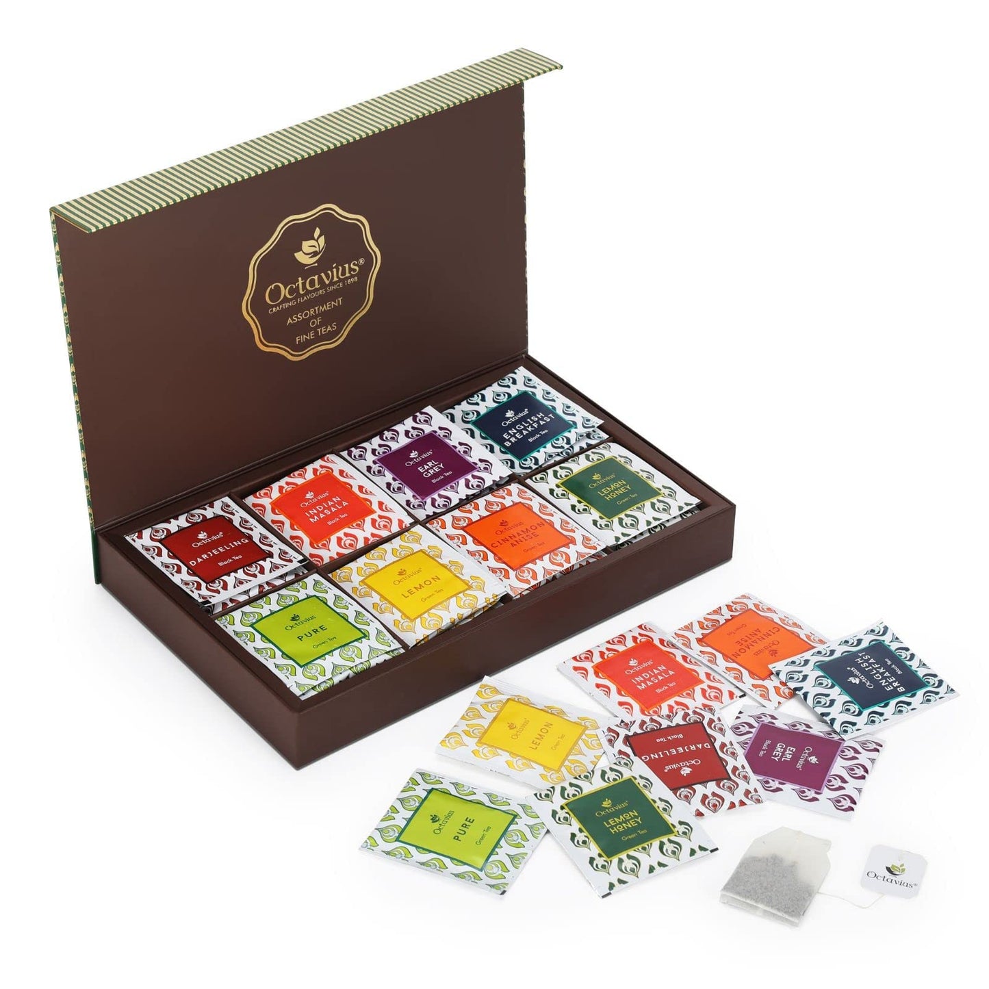 Octavius Assorted Tea Gift Pack - 48 Tea Bags | 8 Assorted Black & Green Tea | Top-Grade Gift Box | Assorted Tea Gift Box | Rakhi Gift Hamper | Gift For Sister | Gift For Brother