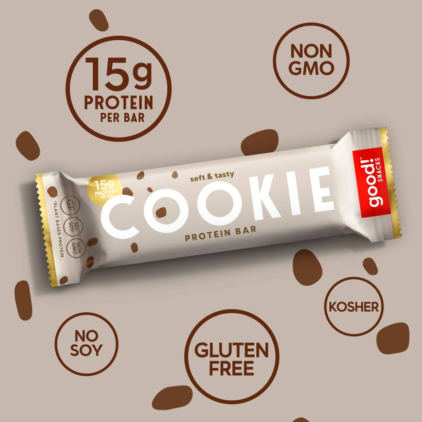 Good! Snacks Vegan Cookie Dough Protein Bar | Gluten-Free, Plant Based, Low Sugar, Kosher, Soy Free, Non Gmo | 15G Protein (12 B