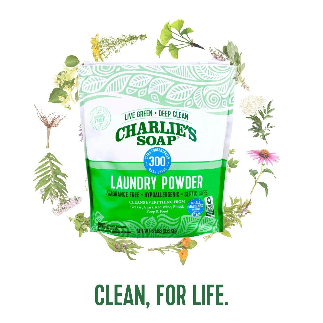 Charlies Soap Hypoallergenic Laundry Detergent Powder 8Lb Bag, Pack Of 4 (1200 Loads Total) Fragrance Free Plant Based Deep Clea
