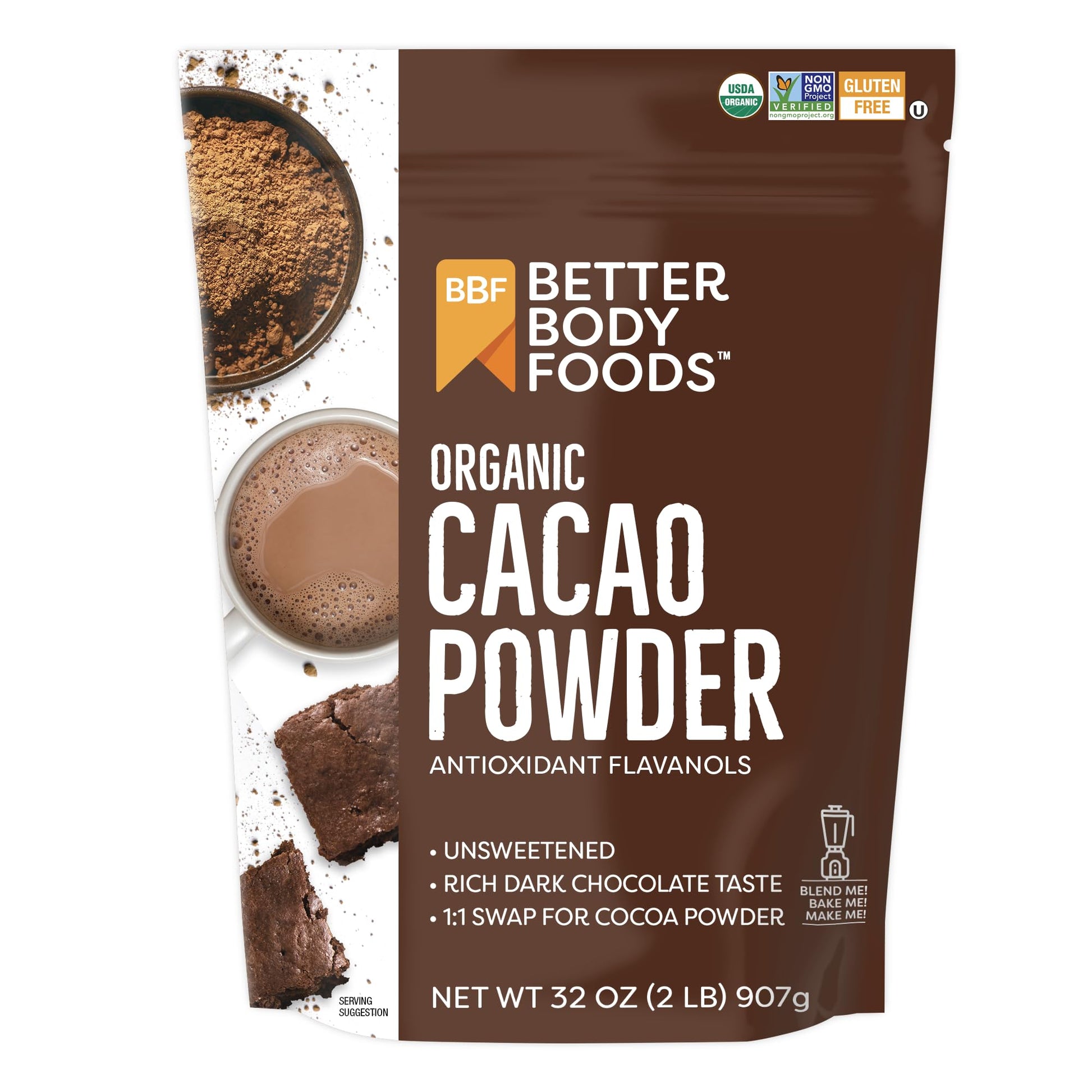 BetterBody Foods Organic Cacao Powder, Rich Chocolate Flavor, Non-GMO, Gluten-Free, 32 Ounce, 2 lb bag