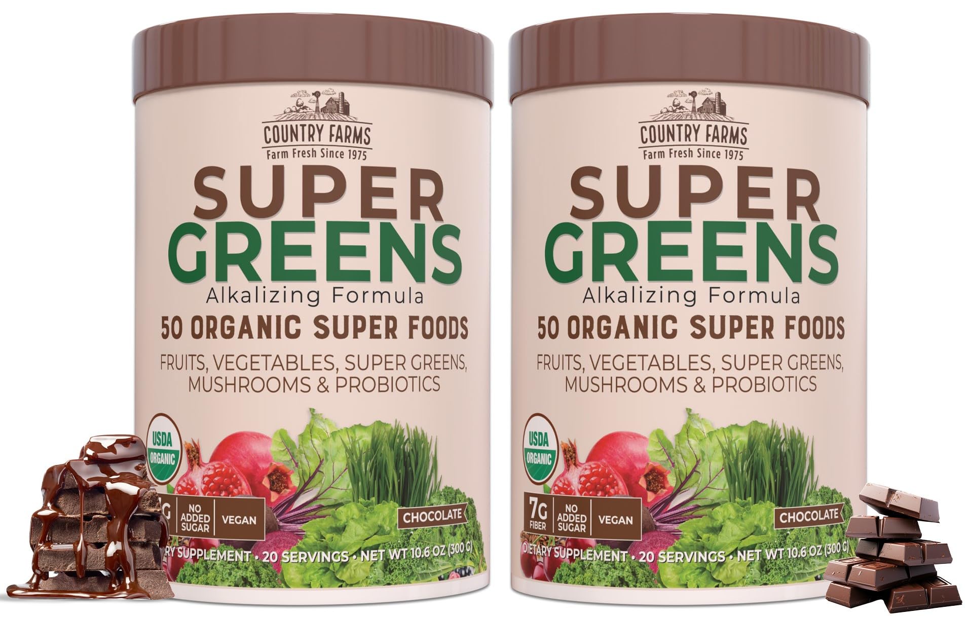COUNTRY FARMS Super Greens Drink Mix, 50 Organic Super Foods, 40 Servings, Chocolate Flavor, Pack of 2, USDA Organic