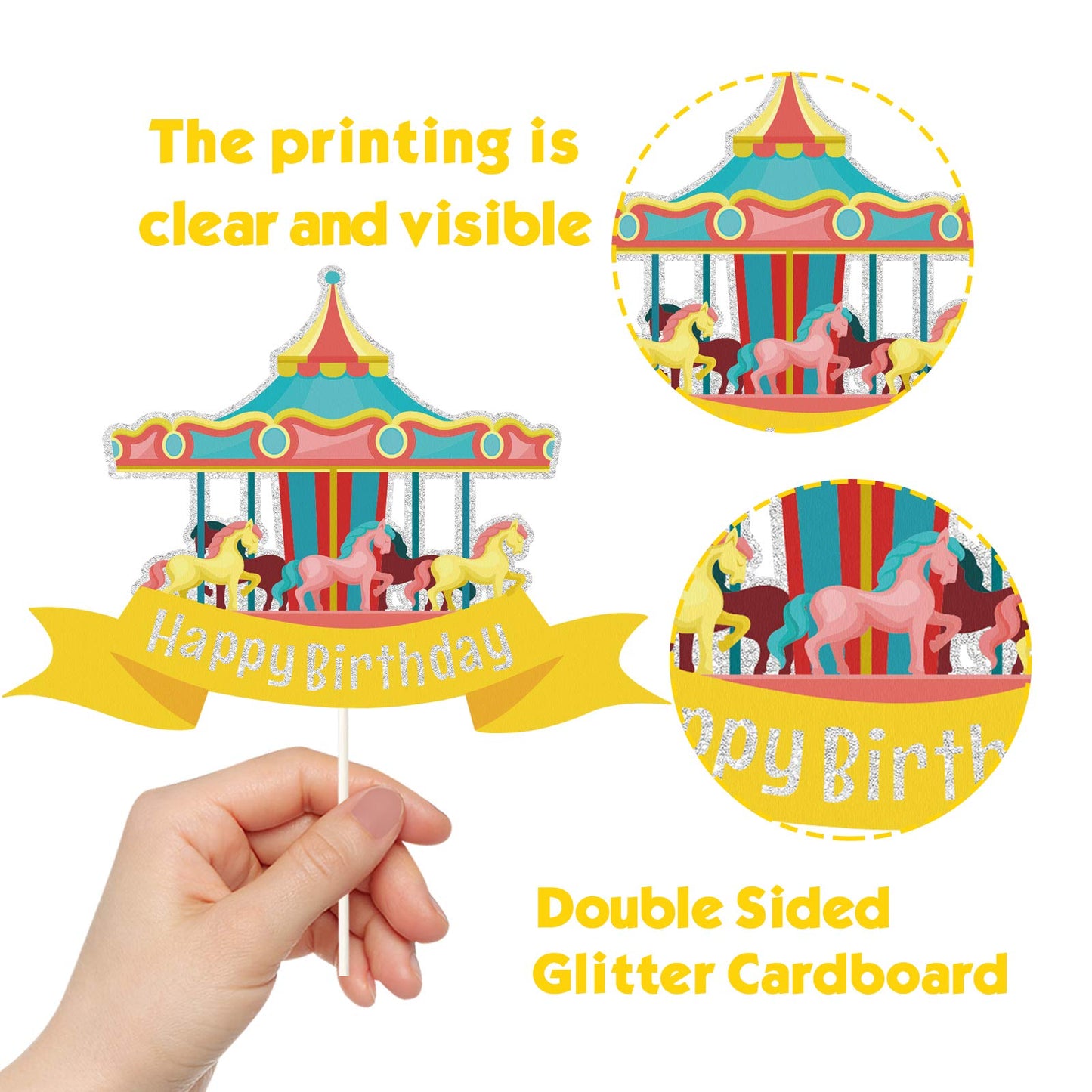 ChienMin Glitter Carousel Cake Topper for Birthday, Holographic Paper Decoration for Little Girl Fairy Tale Theme