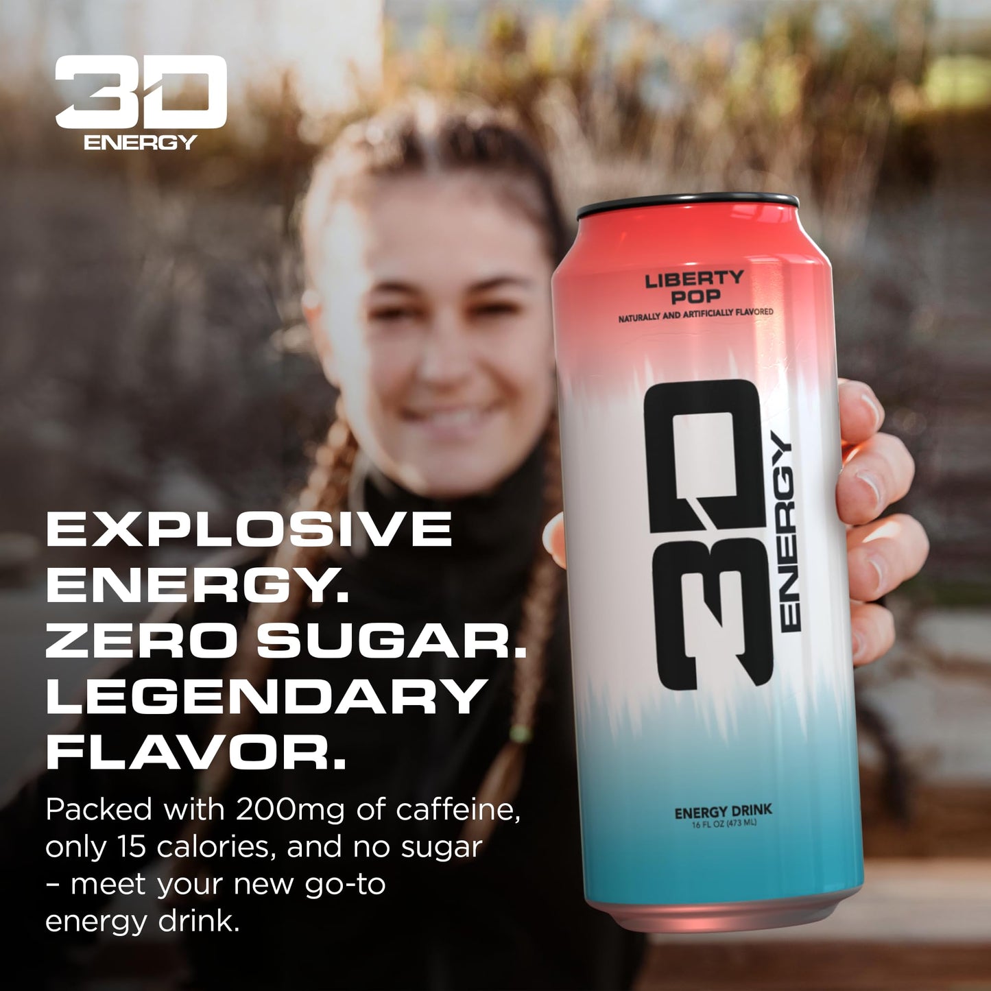 3D Energy Drink - Sugar Free  200mg Caffeine  Pre Workout  Taurine  L-Carnitine  Lightly Carbonated  16oz Cans  12 Pack - Liberty Pop