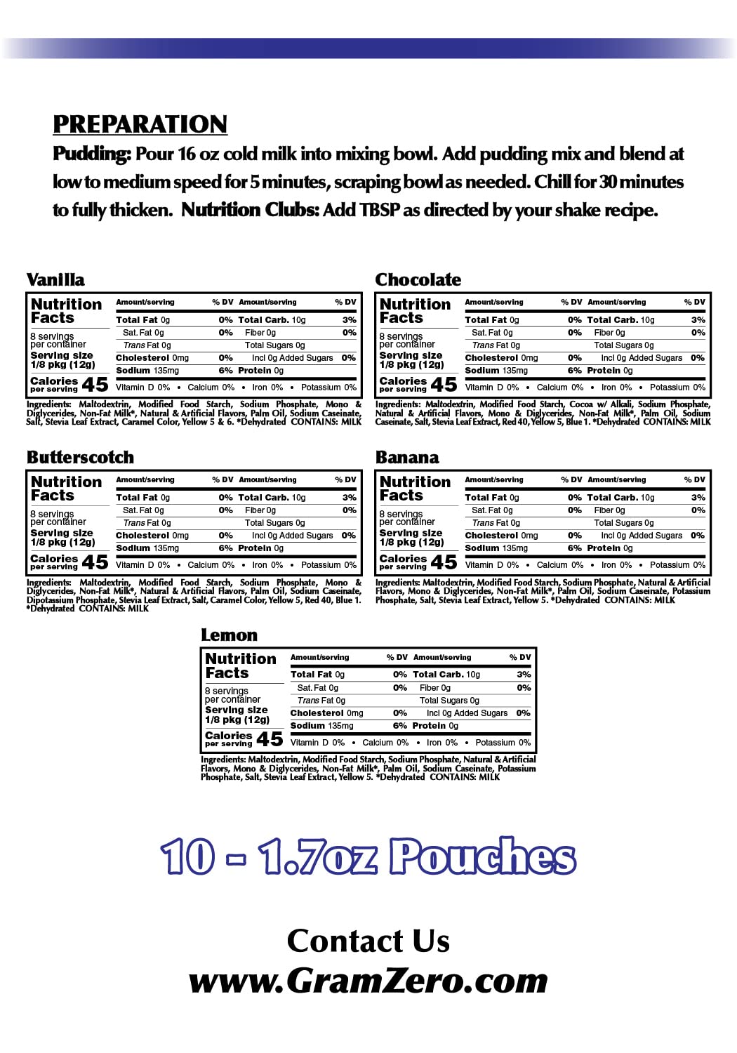 Gramzero Variety (Vanilla, Chocolate, Butterscotch, Banana, Lemon) Sugar Free Pudding Mix Variety 10-Pack, Great For Nutrition C