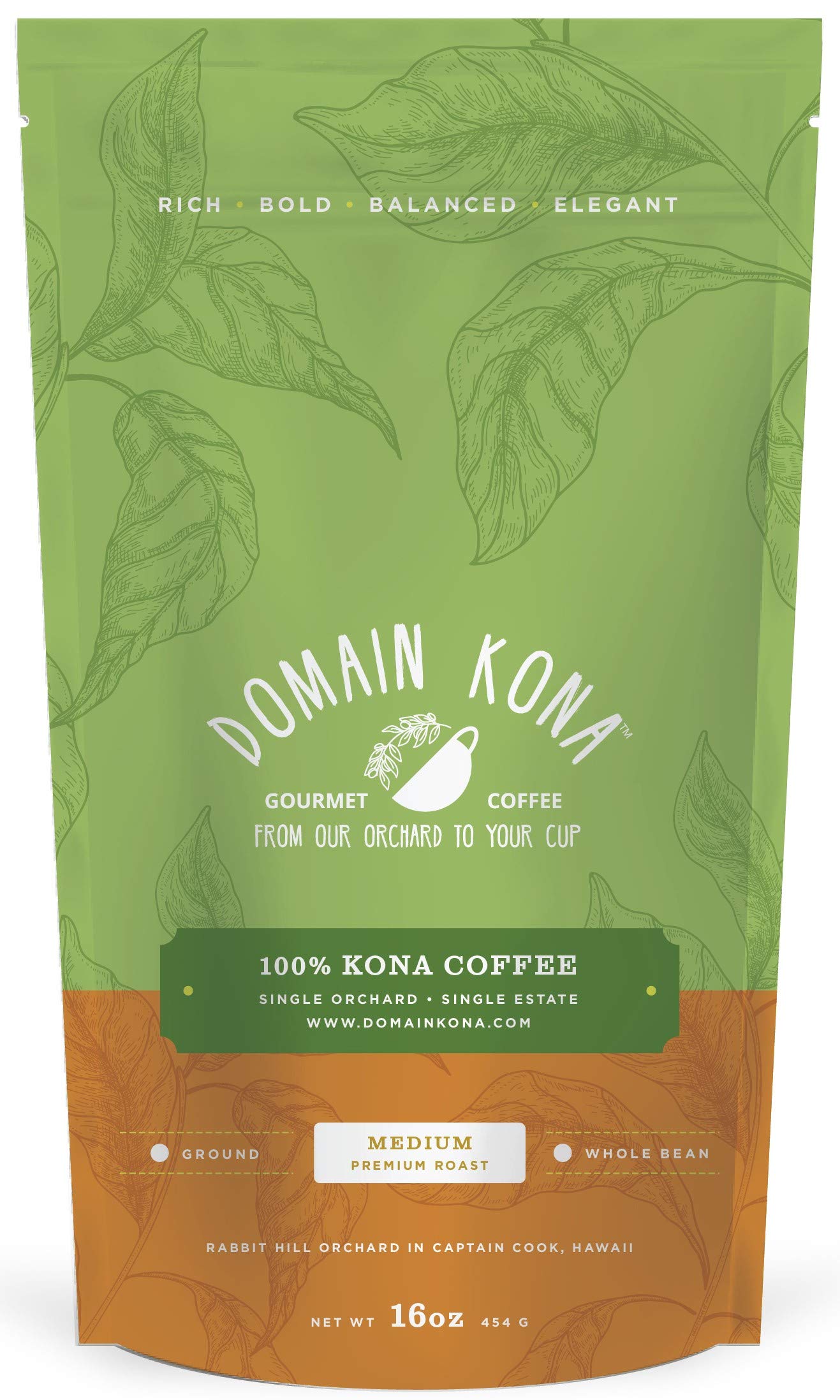 DOMAIN KONA 100% Kona Coffee Whole Bean Medium Roast 16 Ounce Farm Fresh