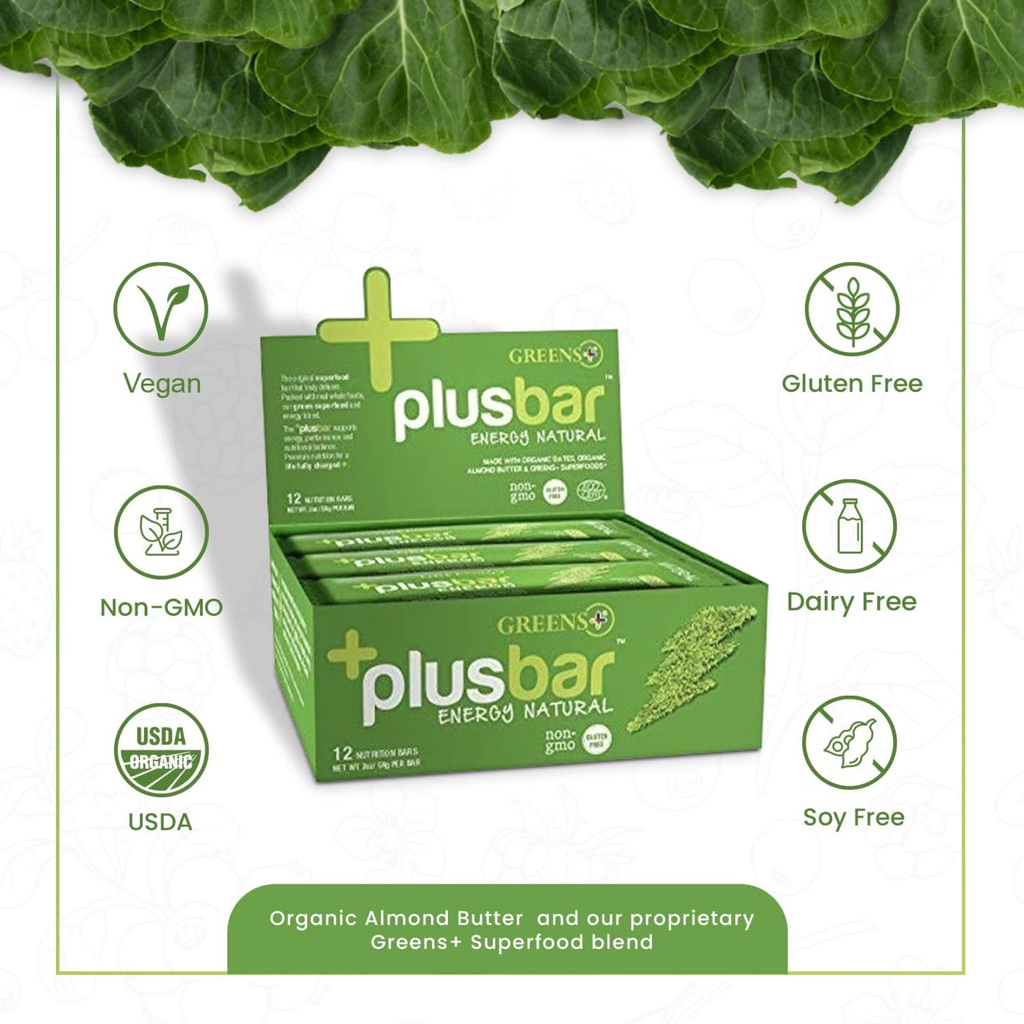 Greens+ Plusbar Energy, Natural, Gluten-Free Snack With Super Greens, Superfoods & Almond Butter, Vegan, Dairy-Free, Non-Gmo, 10G Protein Meal Replacement, 12 Pack