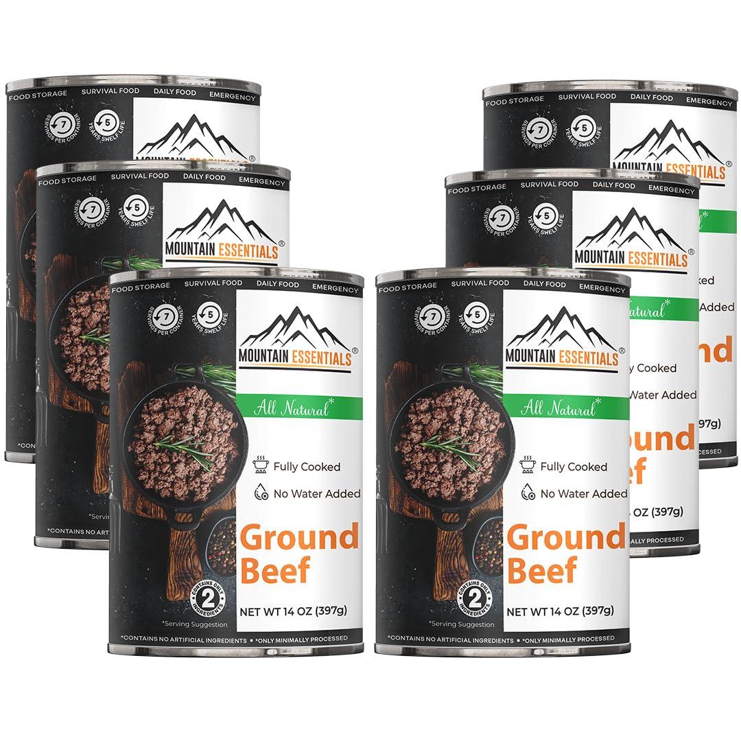 MOUNTAIN ESSENTIALS Fully Cooked Ground Beef, 14 Oz Canned Meat, Pack of 6, 5 Years Shelf Life, Ready to Eat