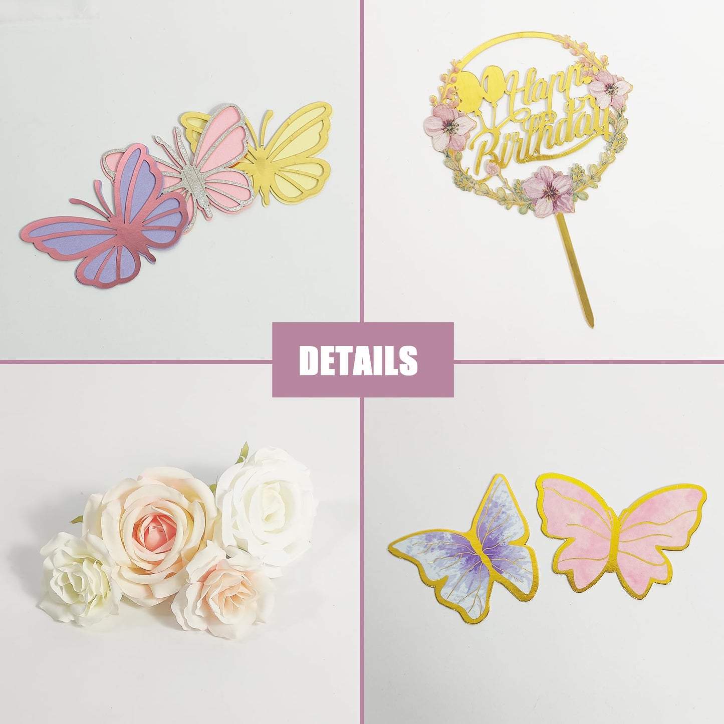 Drwate 35Pcs Butterfly Cake Topper Butterfly Cake Decorations With Artificial Flowers For Women Girls Birthday Anniversary Party