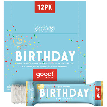Good! Snacks Vegan Birthday Cake Protein Bar | Gluten-Free, Plant Based, Low Sugar, Kosher, Soy Free, Non Gmo | 15G Protein (12 
