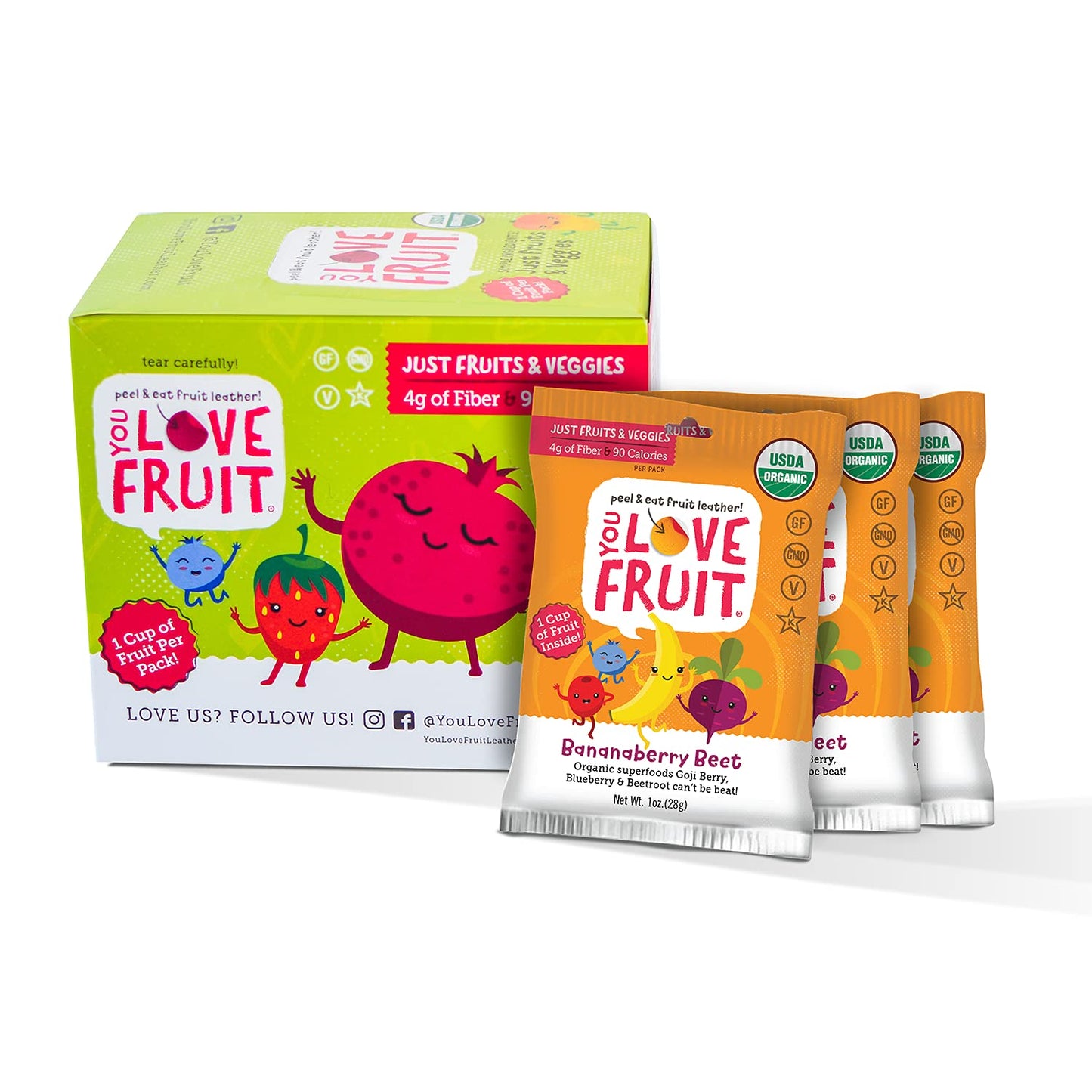 You Love Fruit - Bananaberry Beet All Natural Fruit Snacks  Healthy Snack Pack  Real Fruit! Gluten Free  Non Gmo  Vegan  Fiber Packed  Low Fat  Kosher  Variety Pack  Great For Adding To Gift Box  1.0 Oz (Pack Of 12)