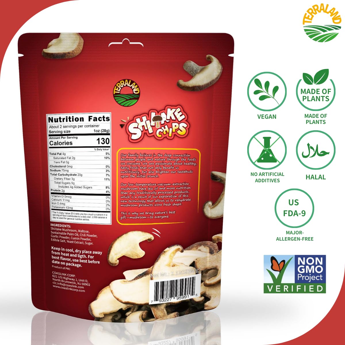 Terraland Shiitake Chips - Spicy, Crispy & Crunch Mushroom Snack, Non Gmo, Idea As A Standalone Snack, Topping For Salads And So