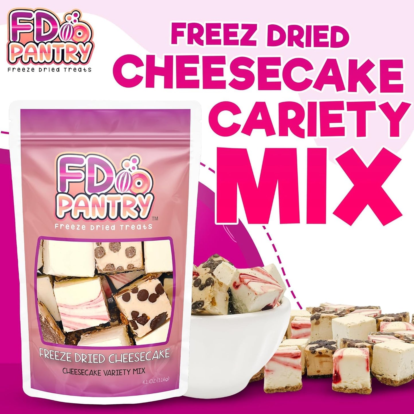 Freeze Dried Cheesecake Bites & Ice Cream Sandwich Bites - New York Style, Neapolitan - Chocolate, Strawberry, Vanilla - Crunchy