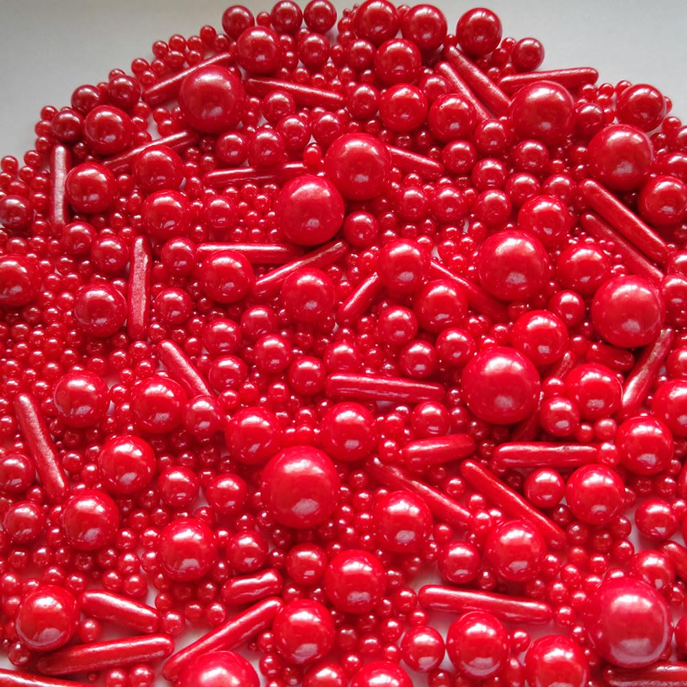 Edible Red Pearl Sugar Sprinkles Candy Mix Size Baking Edible Cake Decorations Cupcake Toppers Cookie Decorating Wedding Party Valentine Halloween Christmas Supplies 100G/3.53Oz
