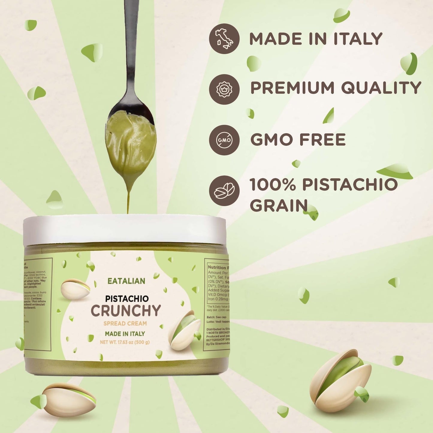 Eatalian By Amz Better Spreadable Crunchy Pistachio Cream 17.63 Oz/500 Gr, Pistachio Cream With Grains, Protein Paste, Sweet Tas
