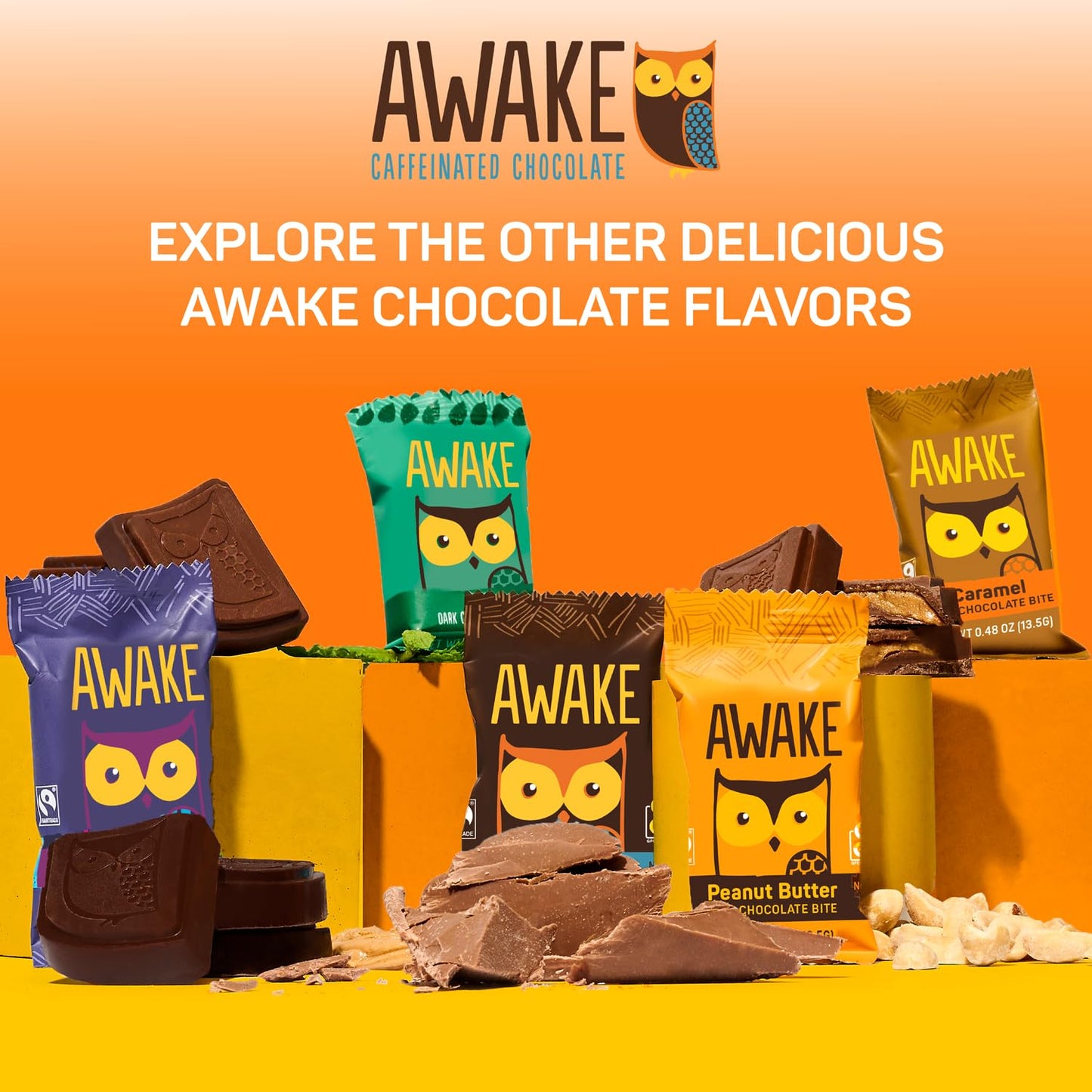AWAKE - Caffeinated Chocolate Bites - Dark Chocolate Variety Pack (3 Flavors)  50 Bites - Dark  Salted Almond  & Salted Caramel - 50mg Caffeine - Coffee Alternative - Fairtrade  Gluten Free - 0.48oz