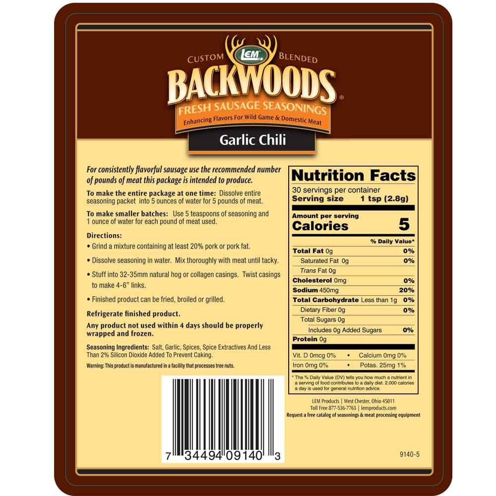 LEM Backwoods Garlic Chili Pepper Sausage Seasoning, Ideal for Wild Game, 3 Ounce Packet, Model 9140